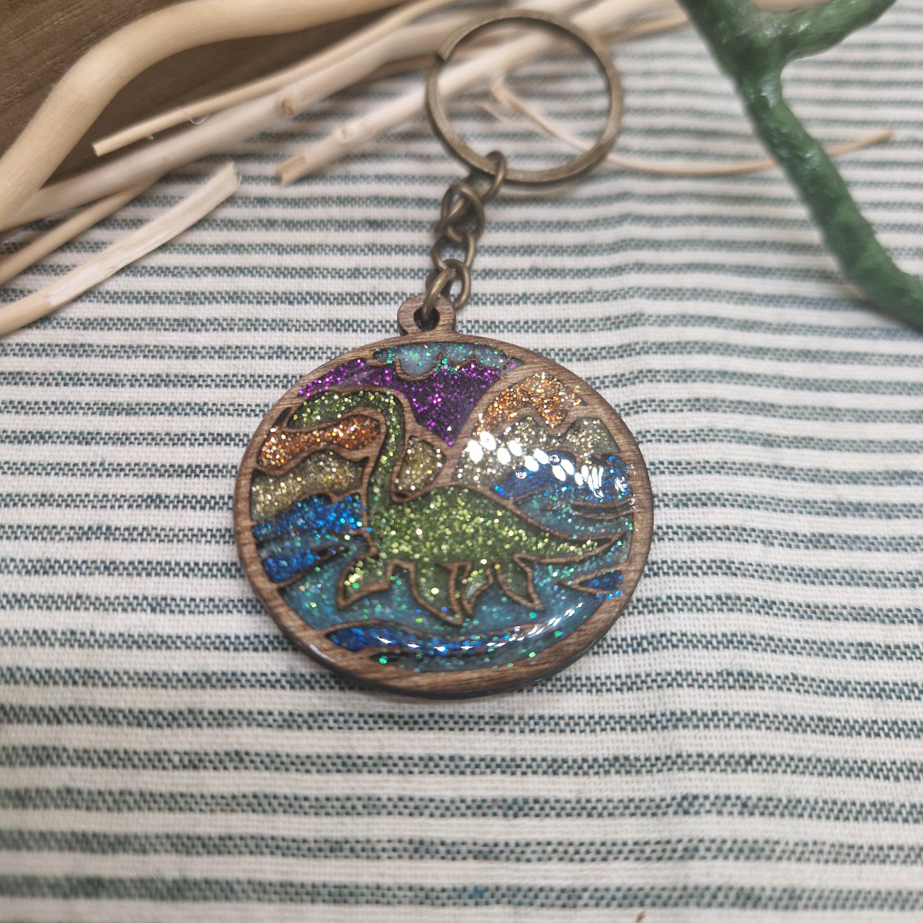 Nessie Keyring | Handmade Wood & Resin Keychain | Loch Ness Monster Glitter Charm | Scottish Myth Gift | Cryptid Accessory