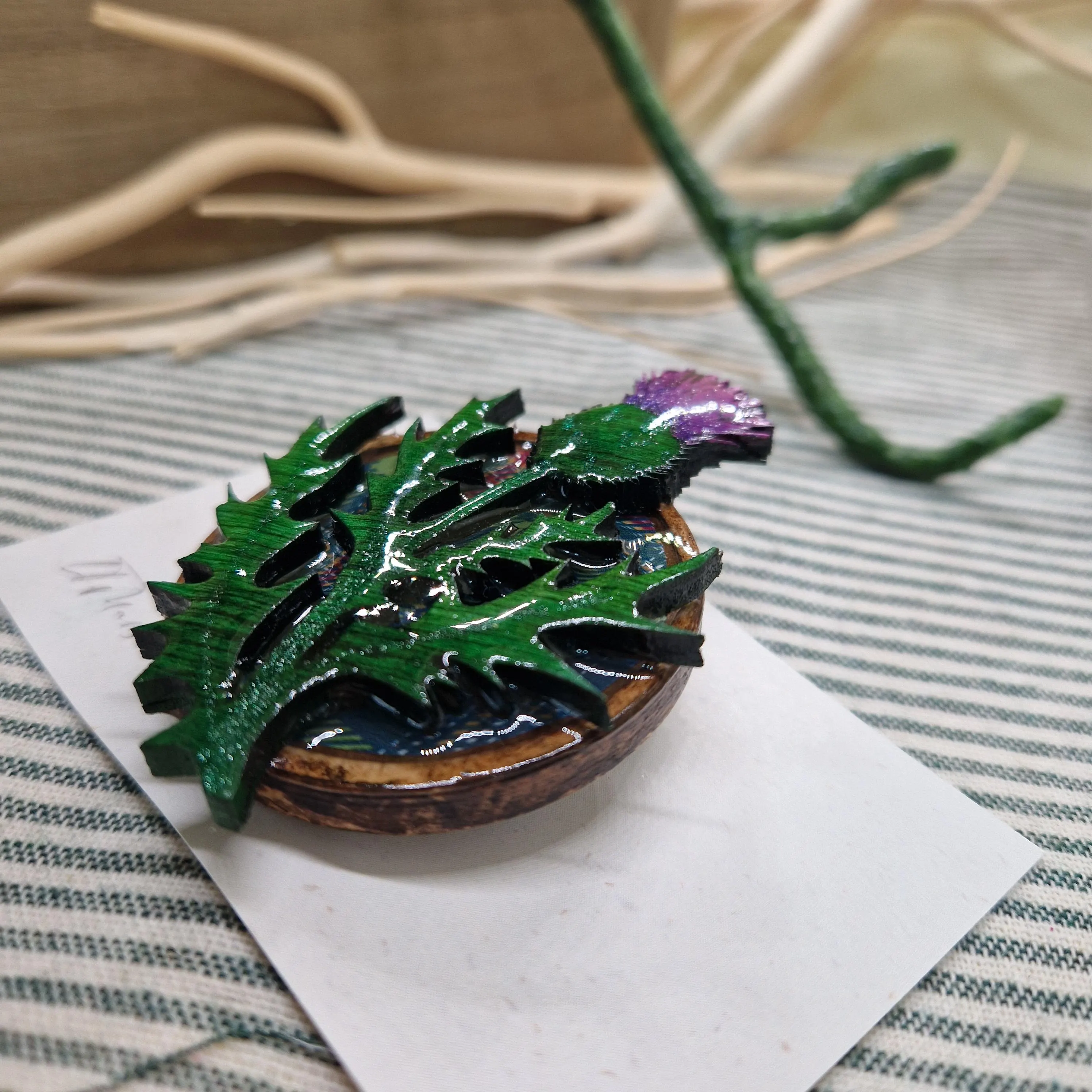Handmade Scottish Thistle Brooch – Wood, Resin & Tartan Inlay | Made in Scotland