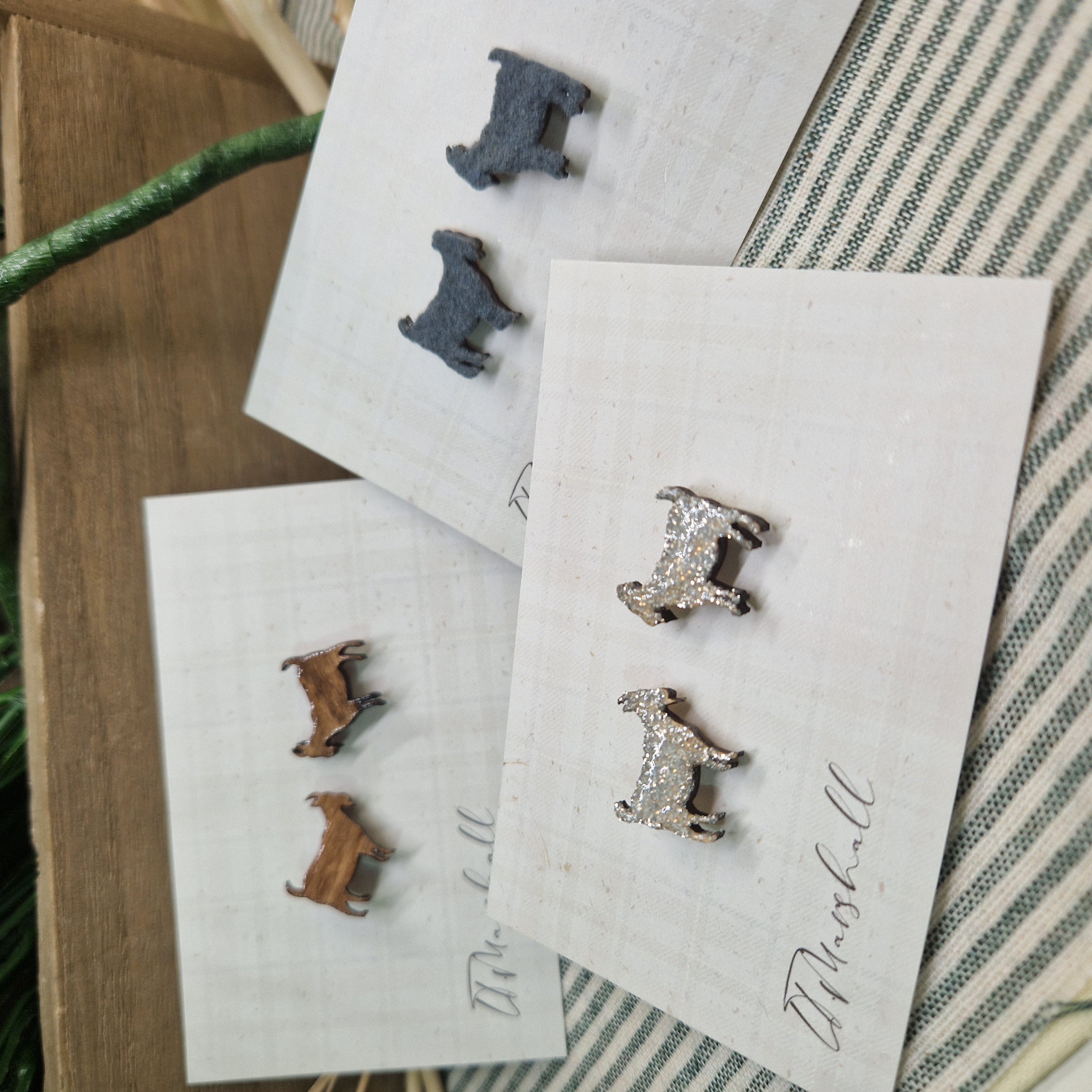 Handmade Goat Earrings – Wooden Studs in Flocked, Glitter or Stained Finish, Scottish Farm Jewelry
