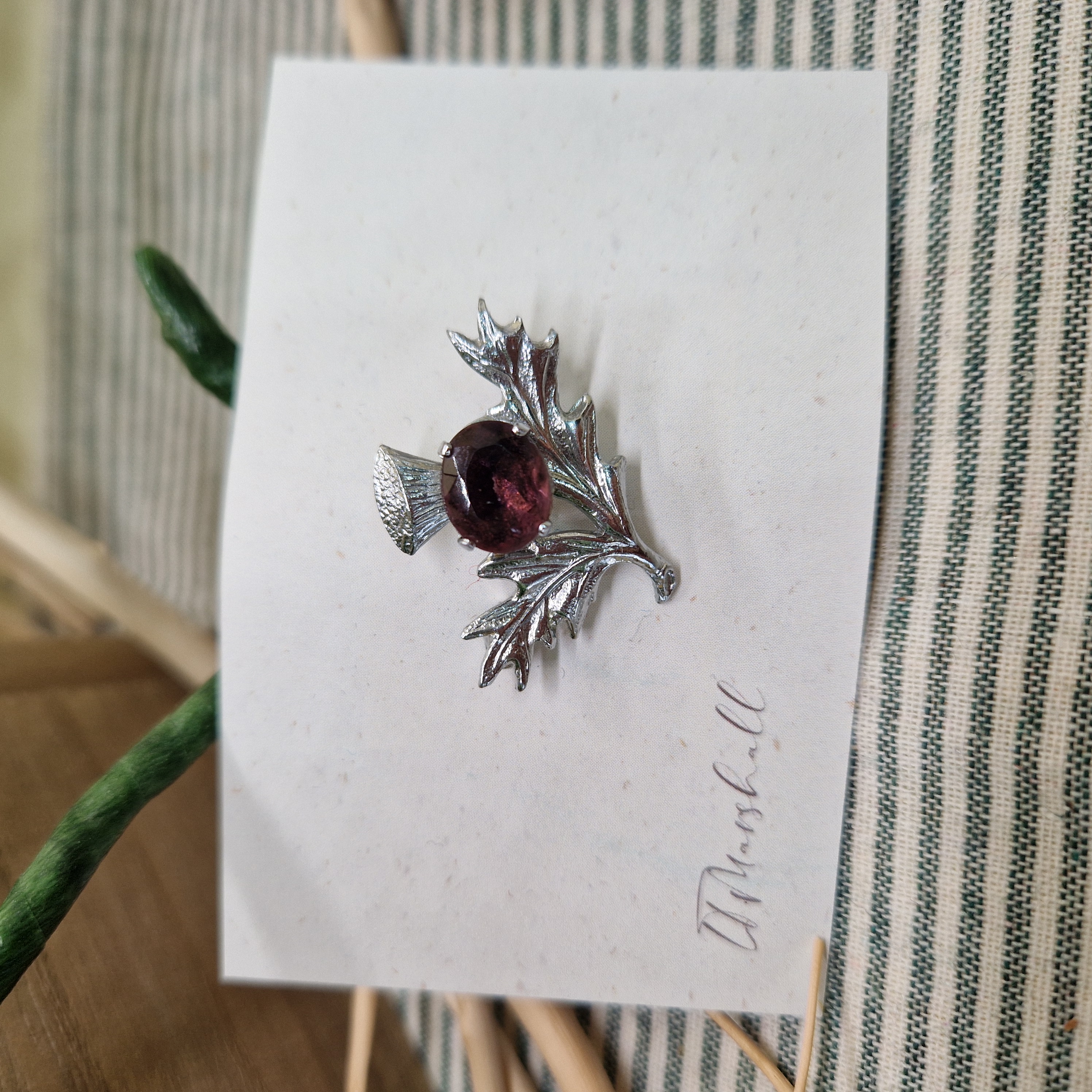 Restored Vintage Scottish Thistle Brooch with Purple Gem | Silver Tone Pin | Celtic Heritage Jewellery