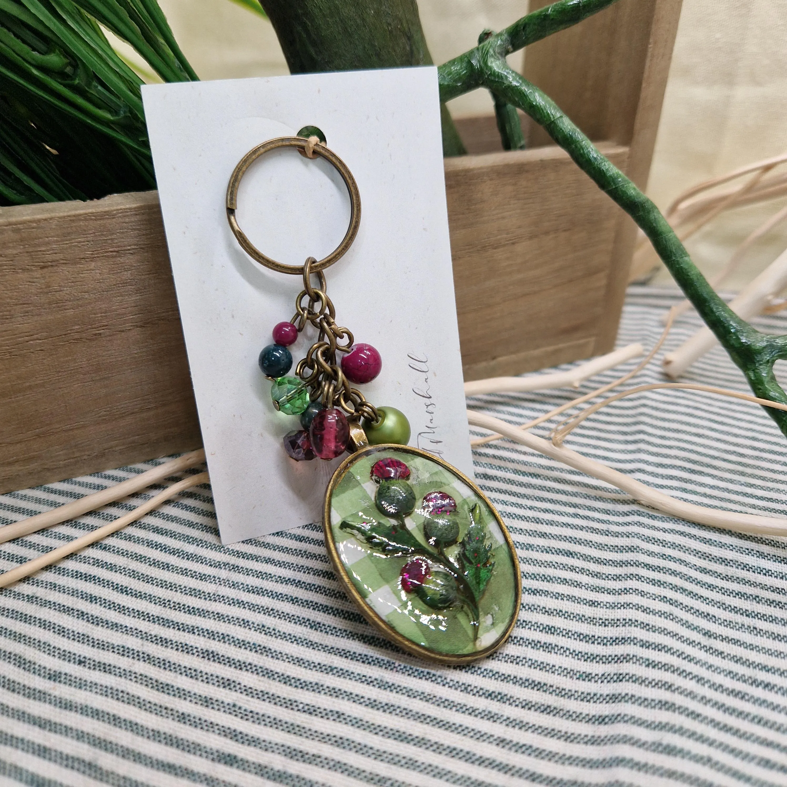 Thistle Keyring | Handmade Resin, Wood & Metal Keychain | Scottish Wildflower Accessory
