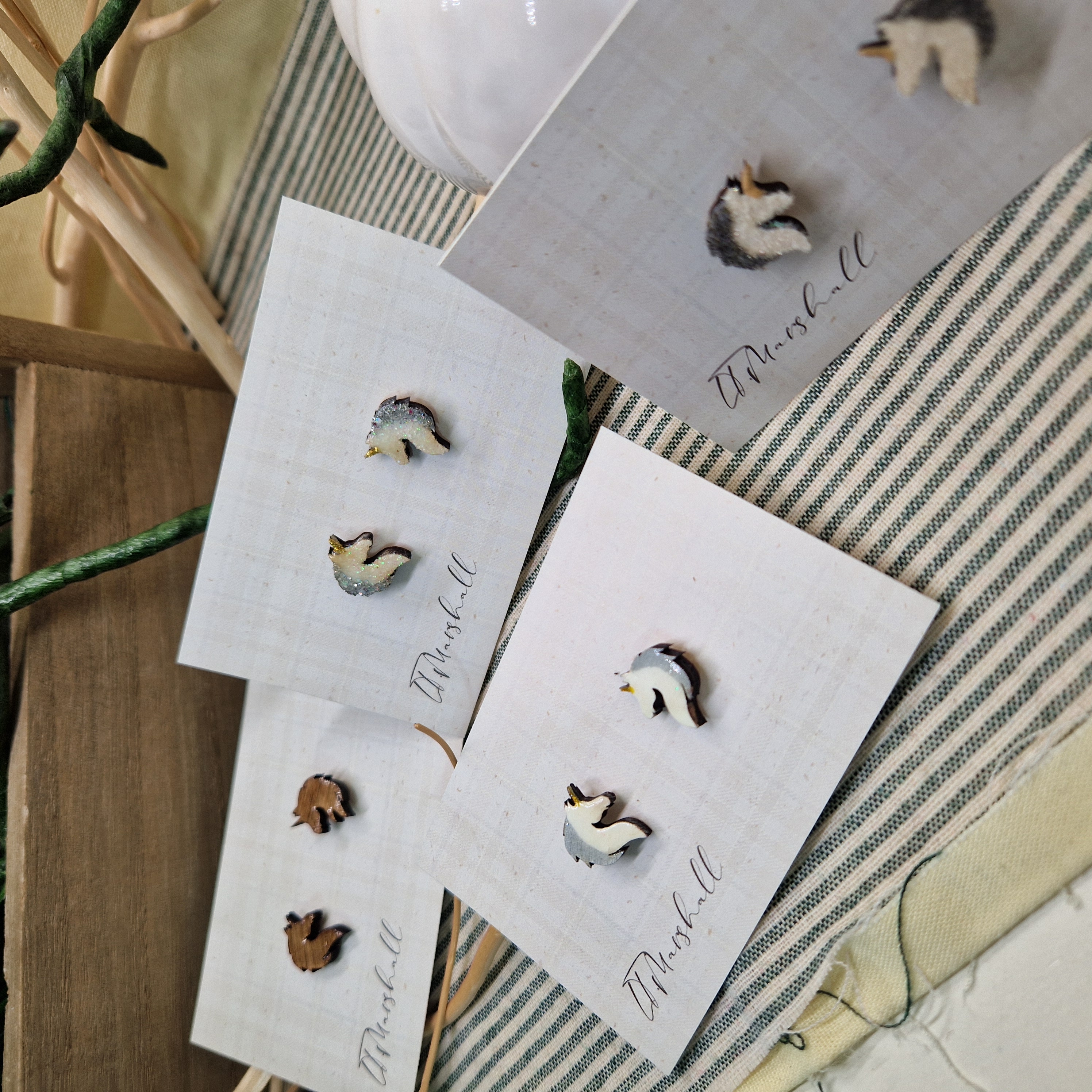 Handmade Unicorn Earrings – Wooden Studs in Flocked, Glitter, Coloured or Stained Finish, Fantasy Jewelry