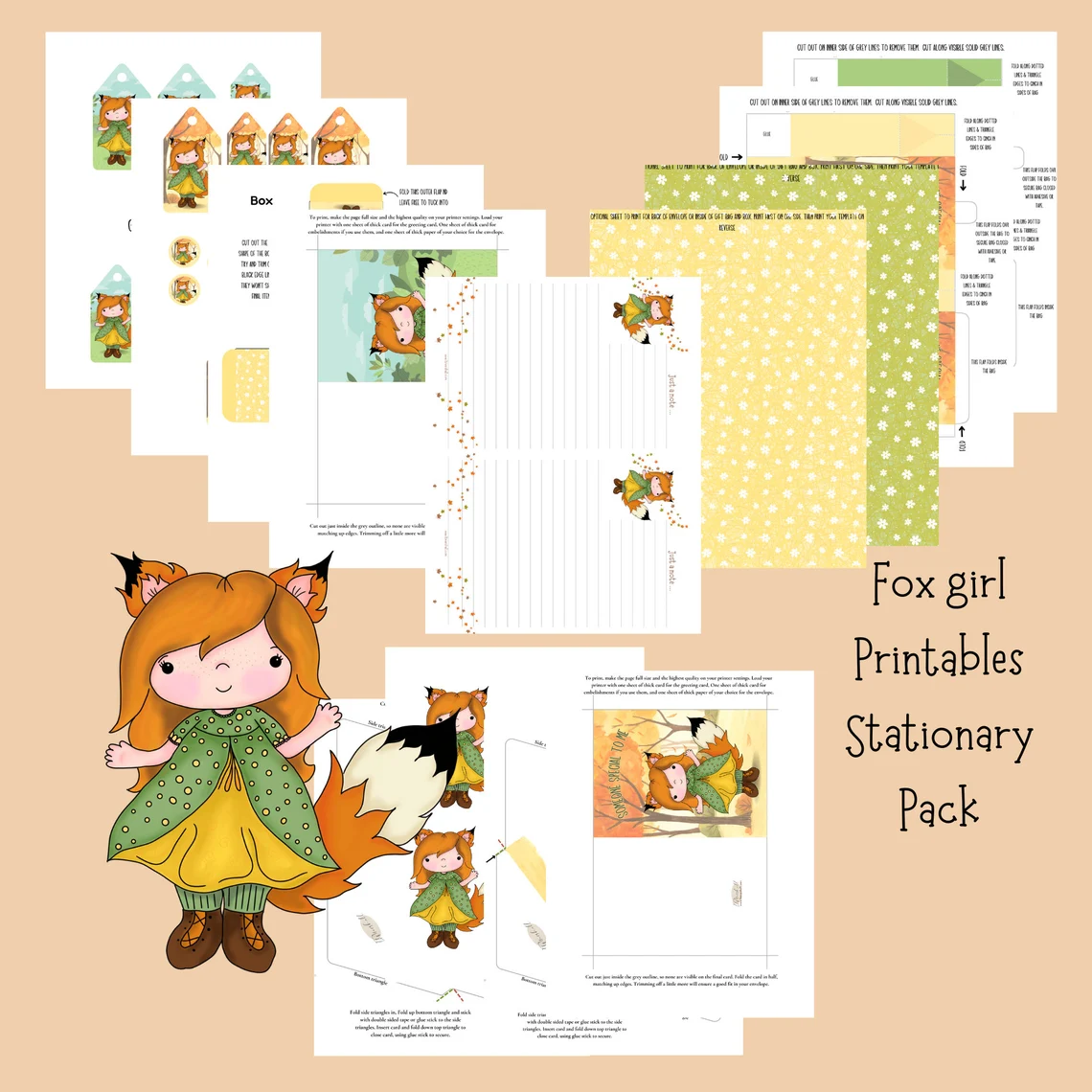 Sweet Fox Girl Printables – Card, Envelope, Notelets, Tags, Gift Box & Bag – Digital Download Stationery Set