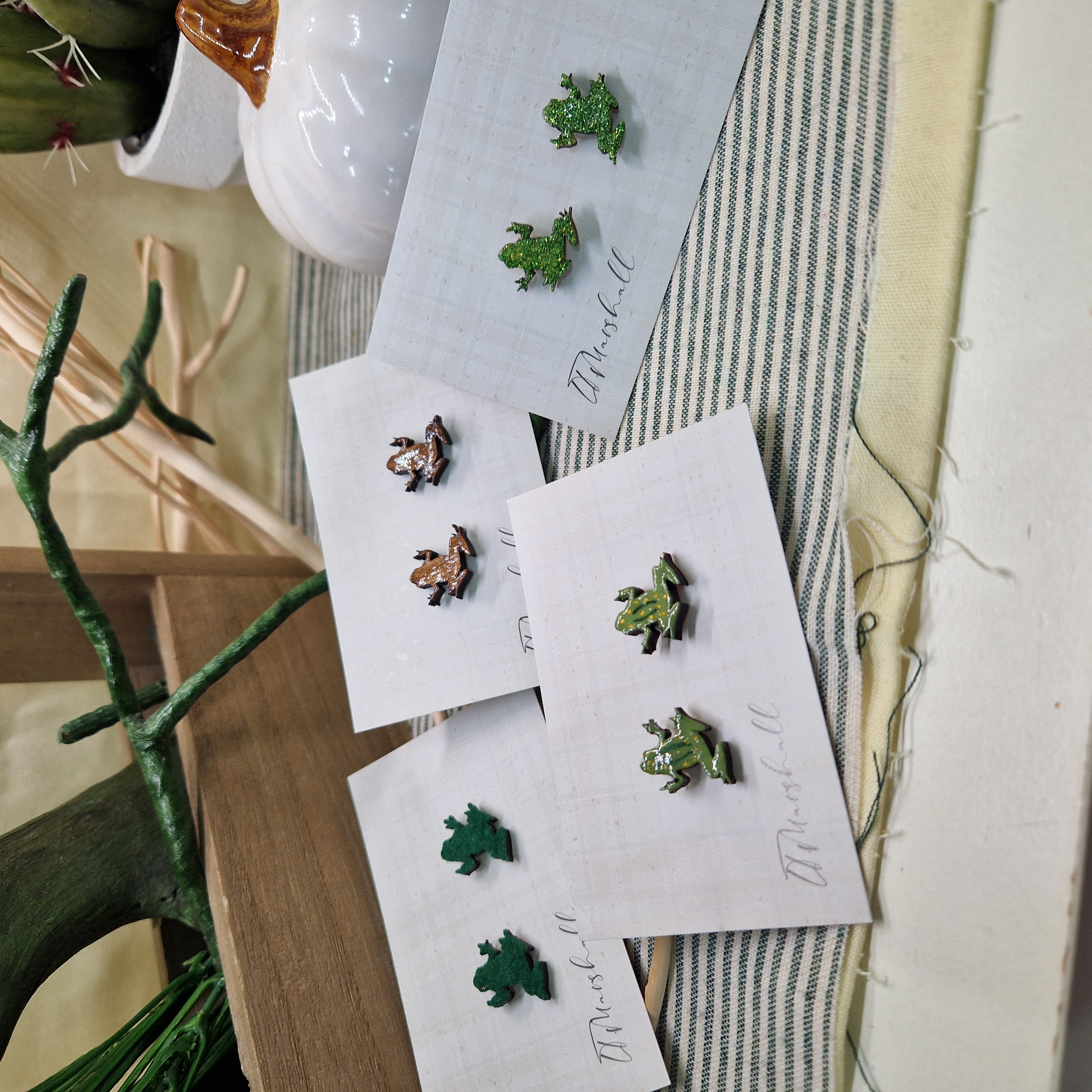 Handmade Frog Earrings – Wooden Studs in Flocked, Glitter, Coloured or Stained Finish, Cottagecore Jewelry