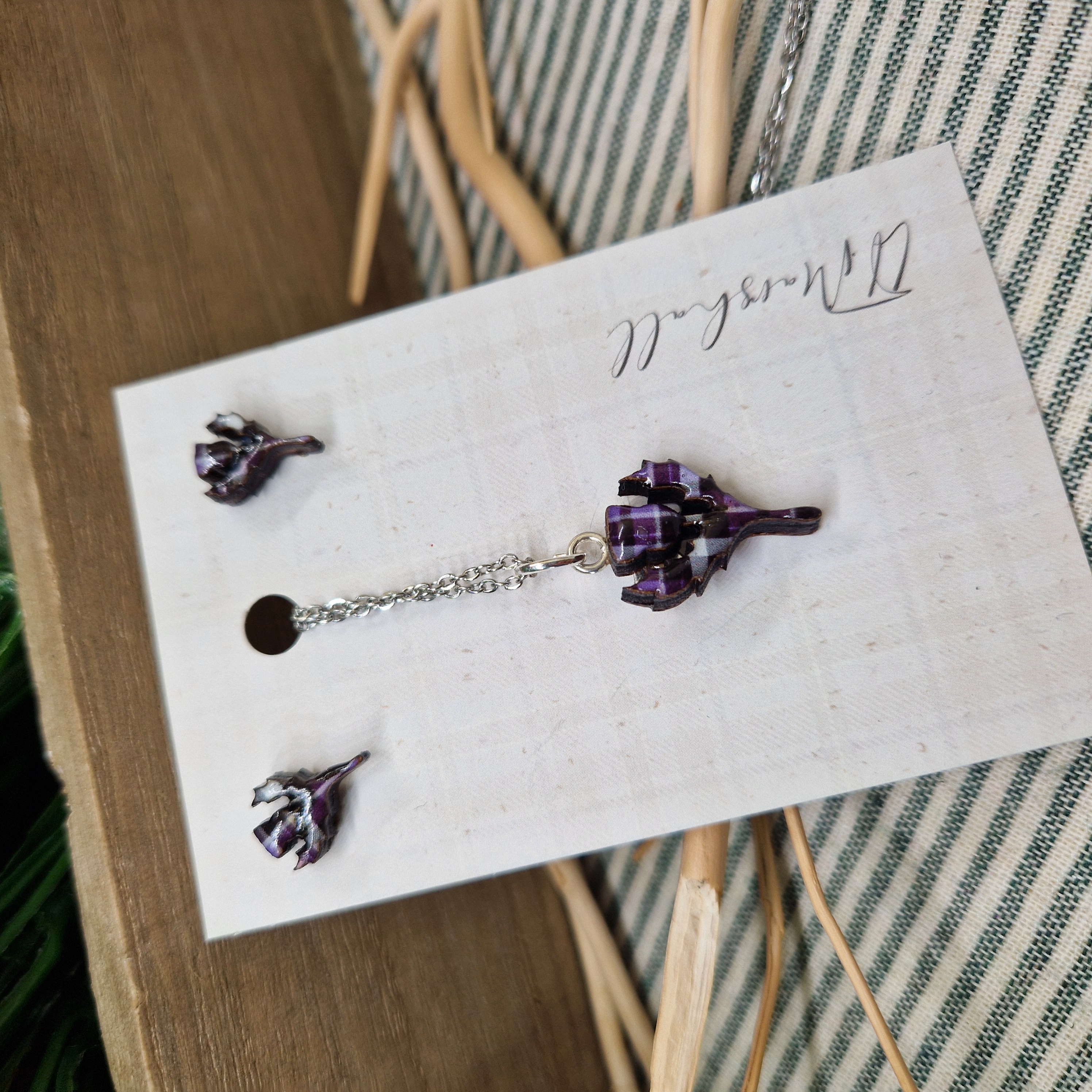 Handmade Scottish Tartan Thistle Earrings & Necklace Set – Laser Cut Resin Jewellery, Stainless Steel Studs & Pendant