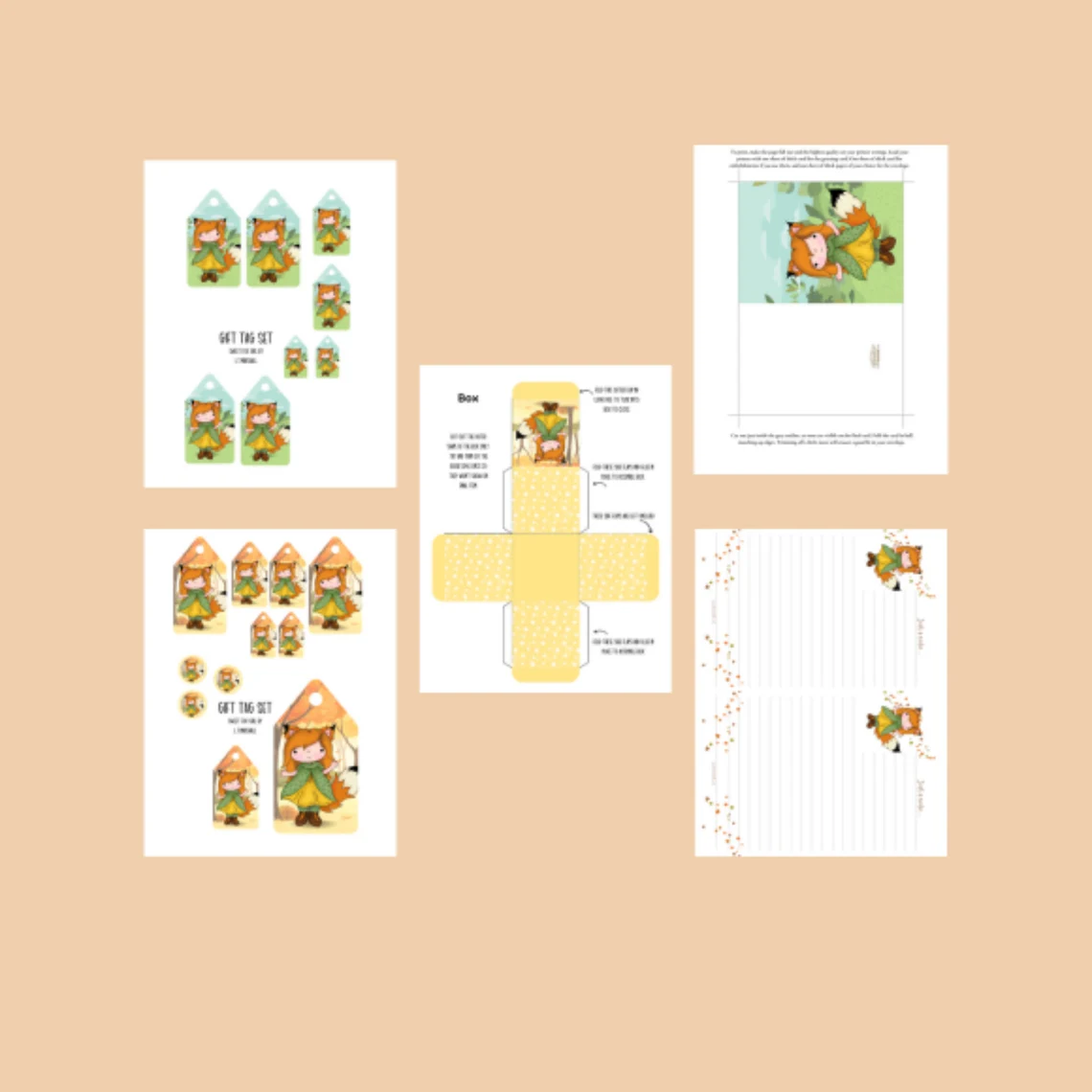 Sweet Fox Girl Printables – Card, Envelope, Notelets, Tags, Gift Box & Bag – Digital Download Stationery Set
