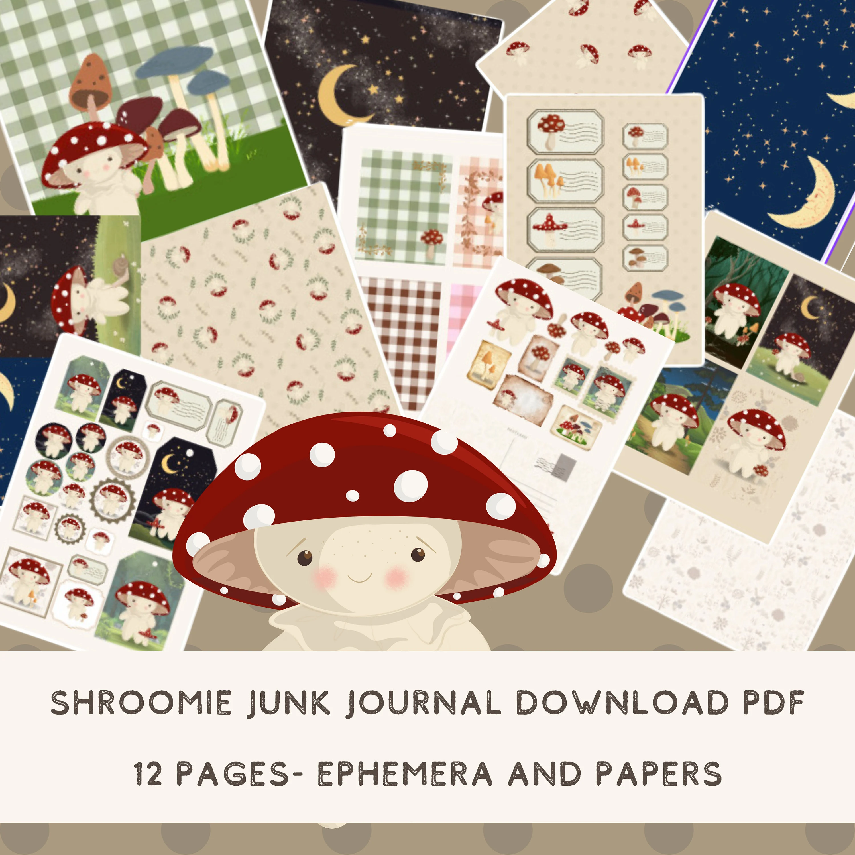 Junk Journal Ephemera, Paper, Tags etc - Mushroom/ Toadstool Cottagecore Download - 12 pages (in A4 and American letter sizes)