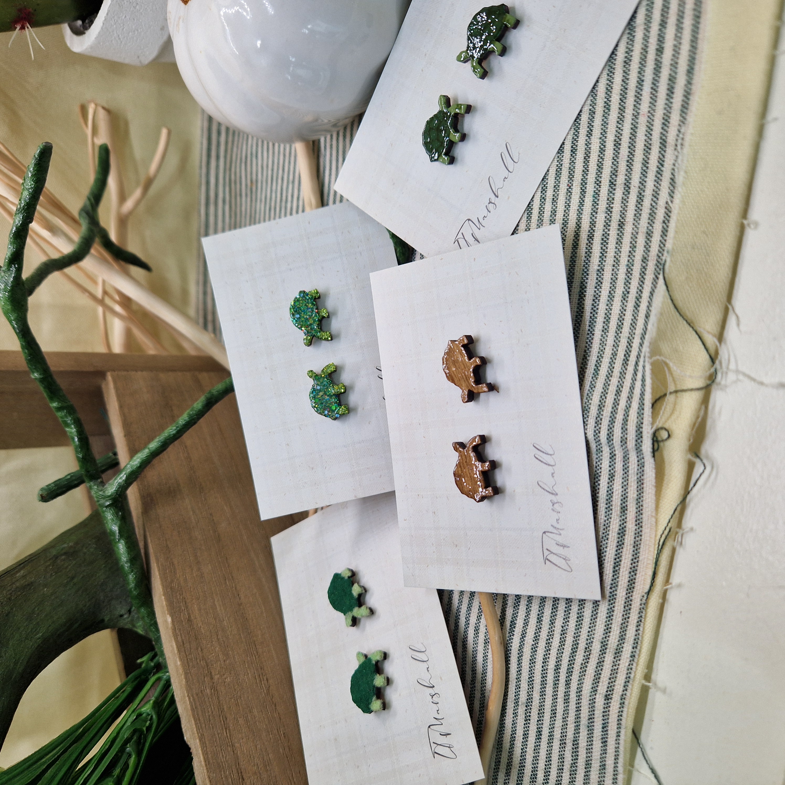 Handmade Tortoise Earrings – Wooden Studs in Flocked, Glitter, Coloured or Stained Finish, Quirky Animal Jewelry