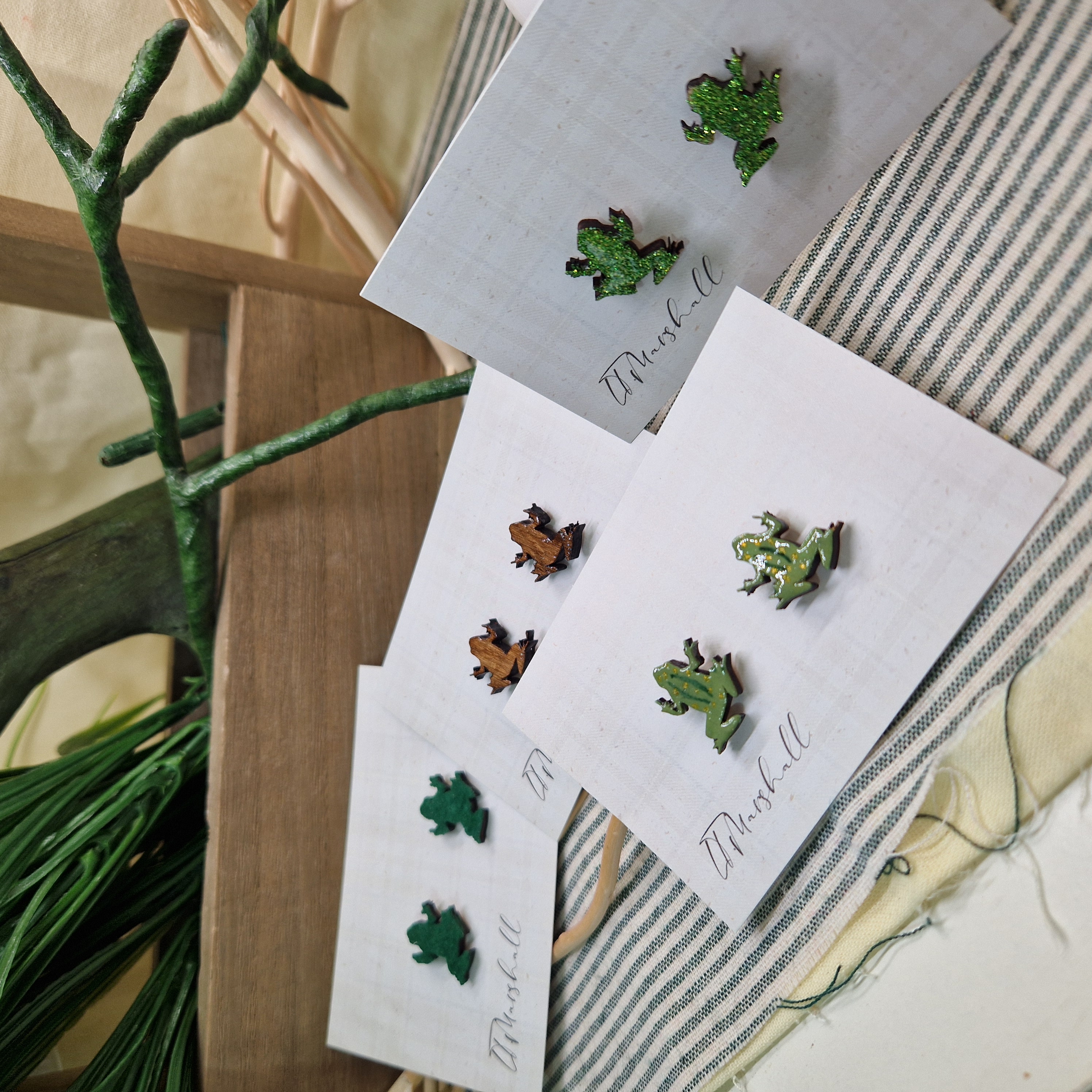 Handmade Frog Earrings – Wooden Studs in Flocked, Glitter, Coloured or Stained Finish, Cottagecore Jewelry