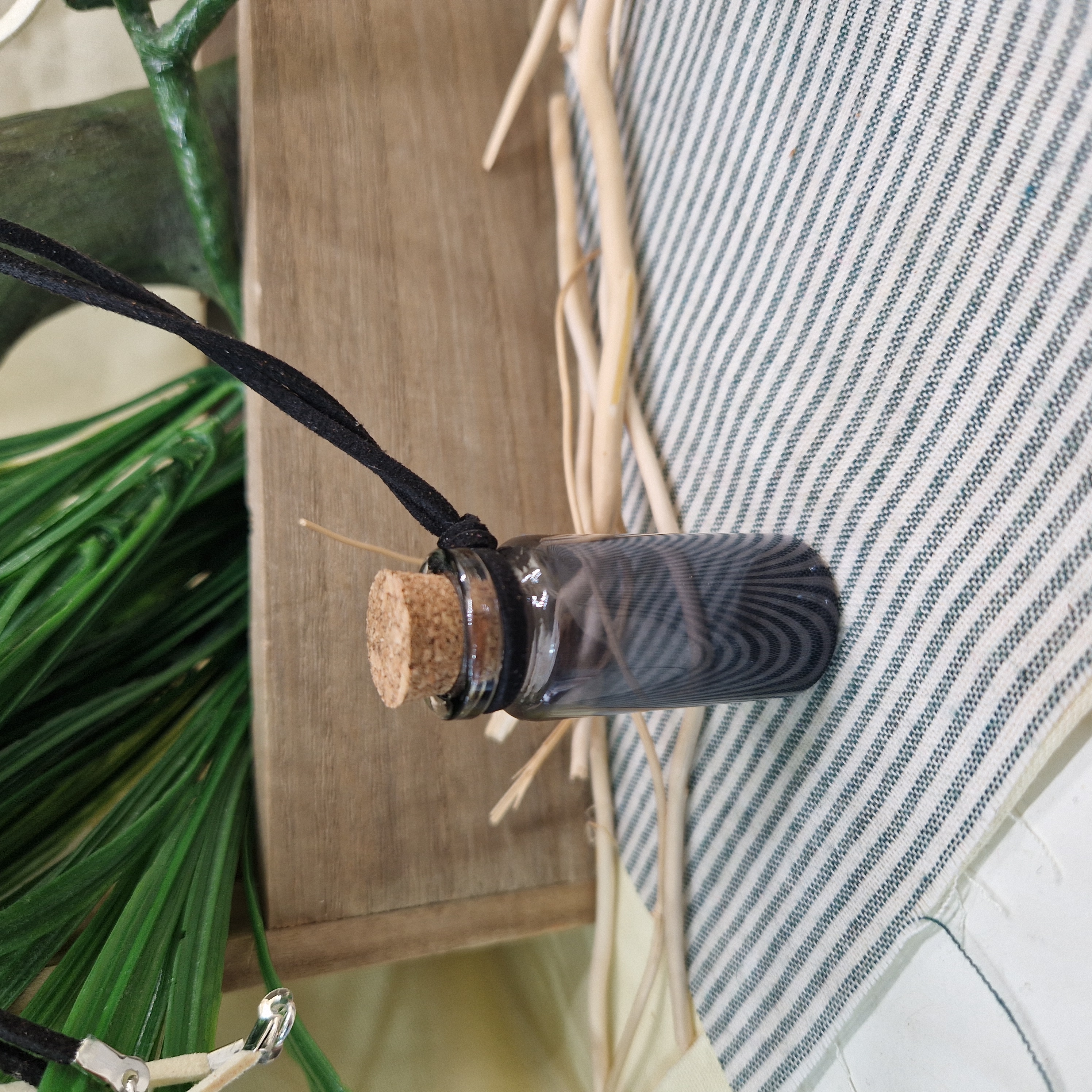 Glass Spell Bottle Necklace – Mini Cork Jar Pendant on Suedette Cord, Witchy Altar Jewelry