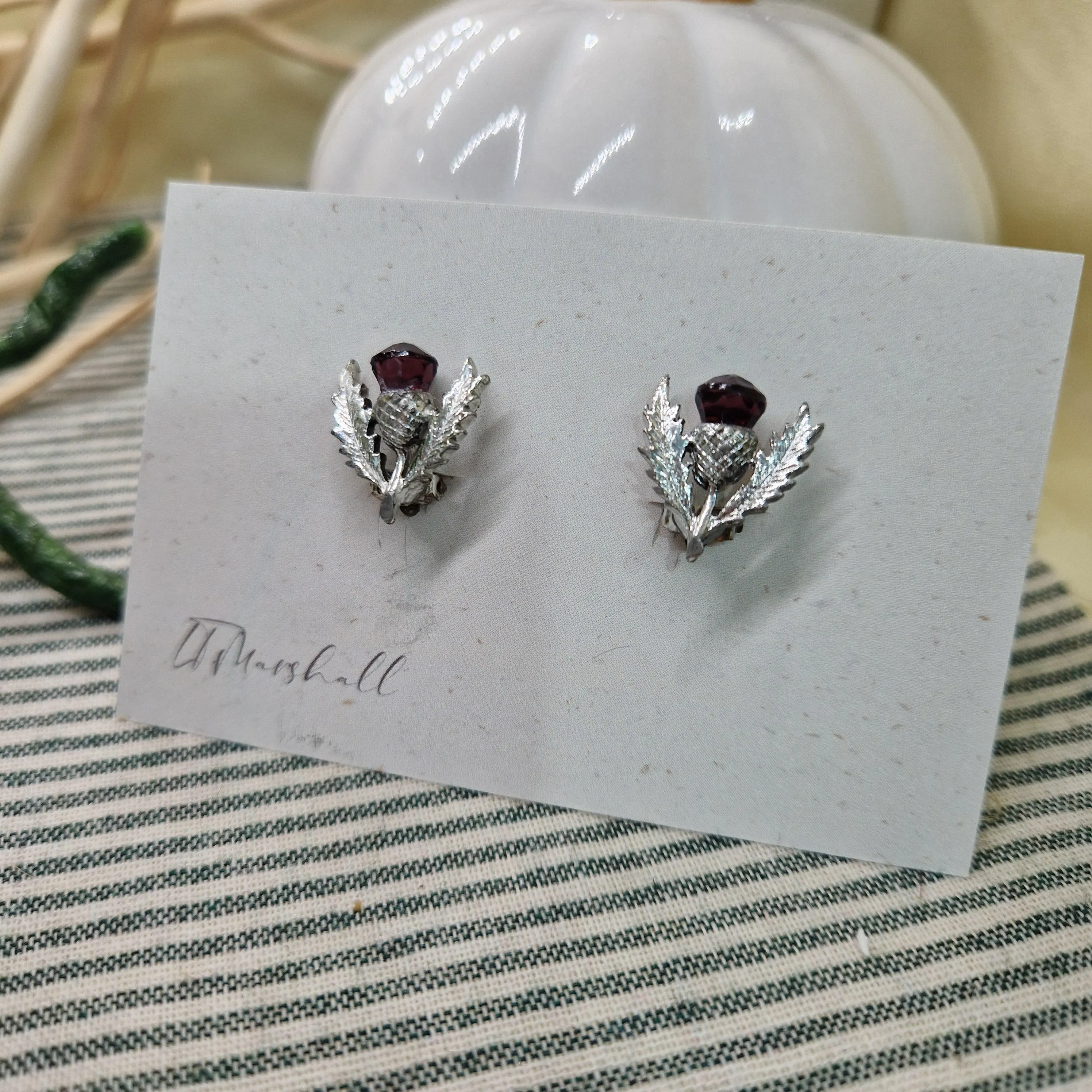 Vintage Thistle Clip-On Earrings – Restored Scottish Jewellery with Purple Stones