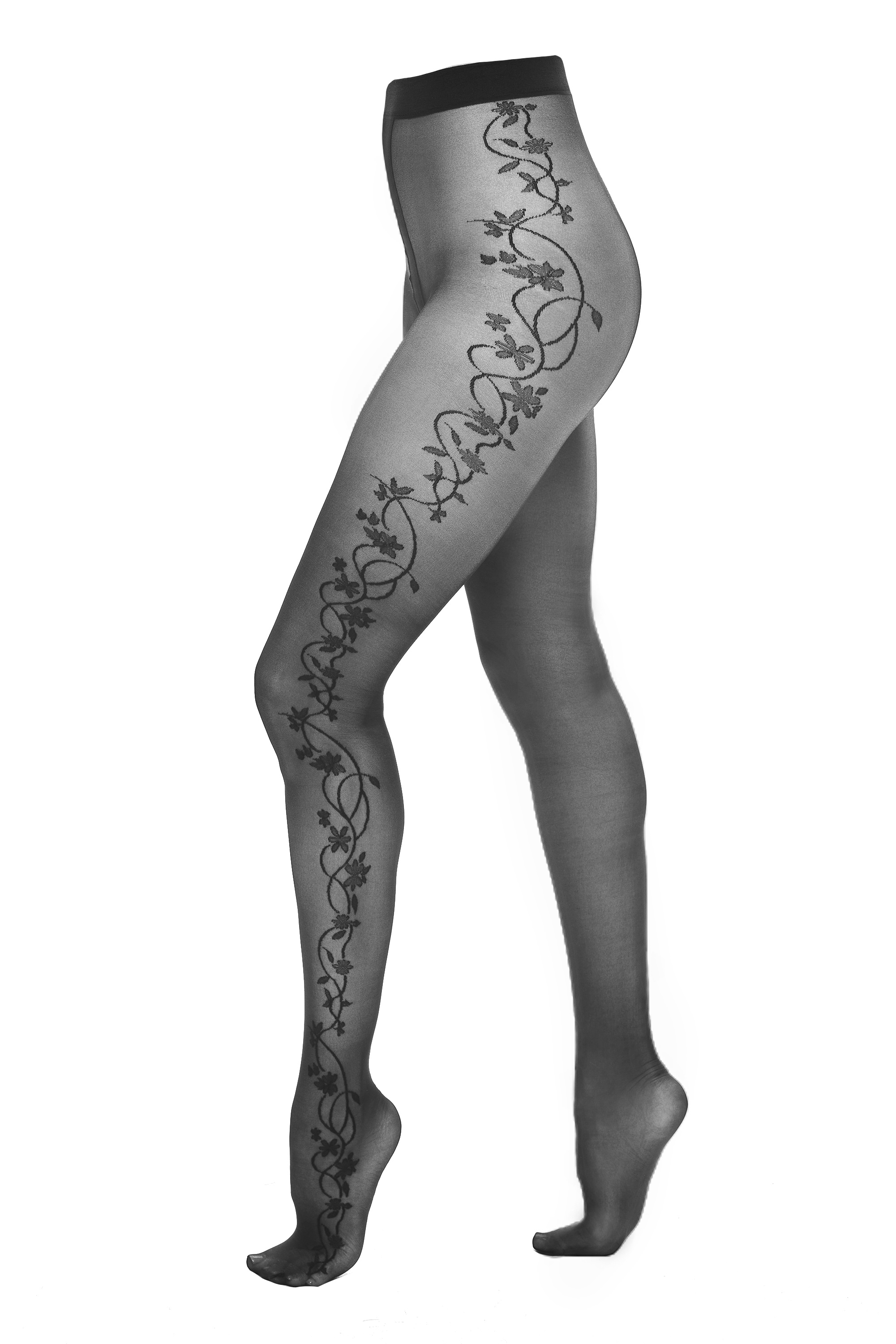 T 007 Zwarte 20den panty met bloemenborduursel