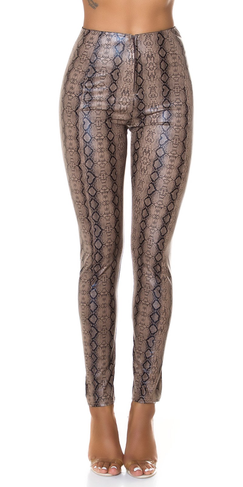Imitatieleren broek met slangenprint - Bruin -M 033