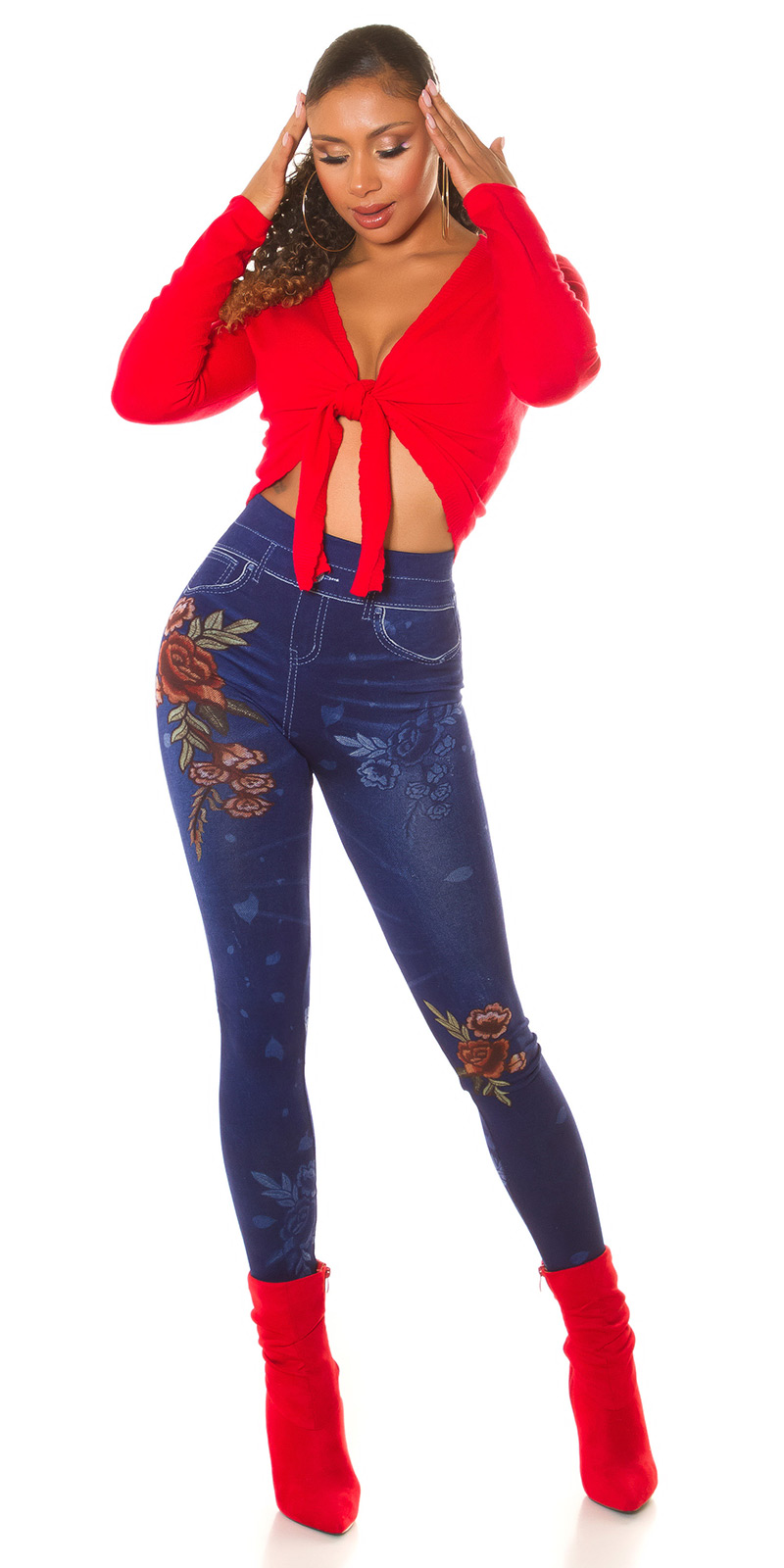 Sexy Jeanslook Legging met bloem print-053