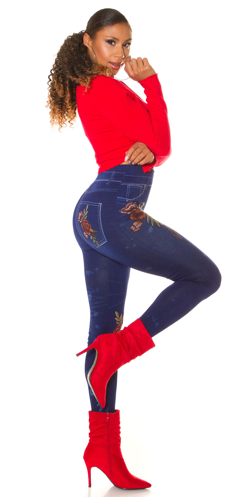 Sexy Jeanslook Legging met bloem print-053