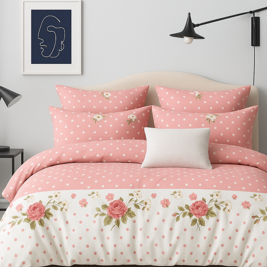 Pink Polka Dot Floral Bedsheet