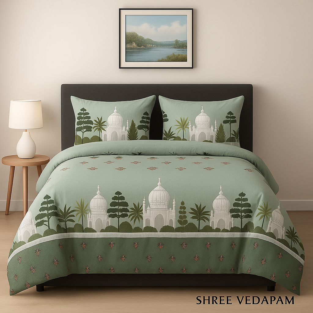 Green Taj Mahal Print Bedsheet Set