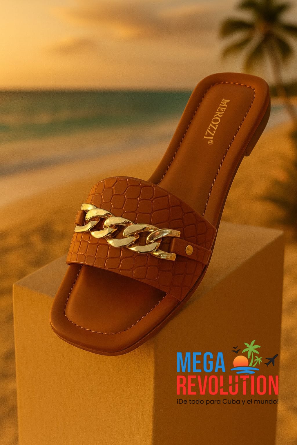Sandalia marrón con cadena dorada