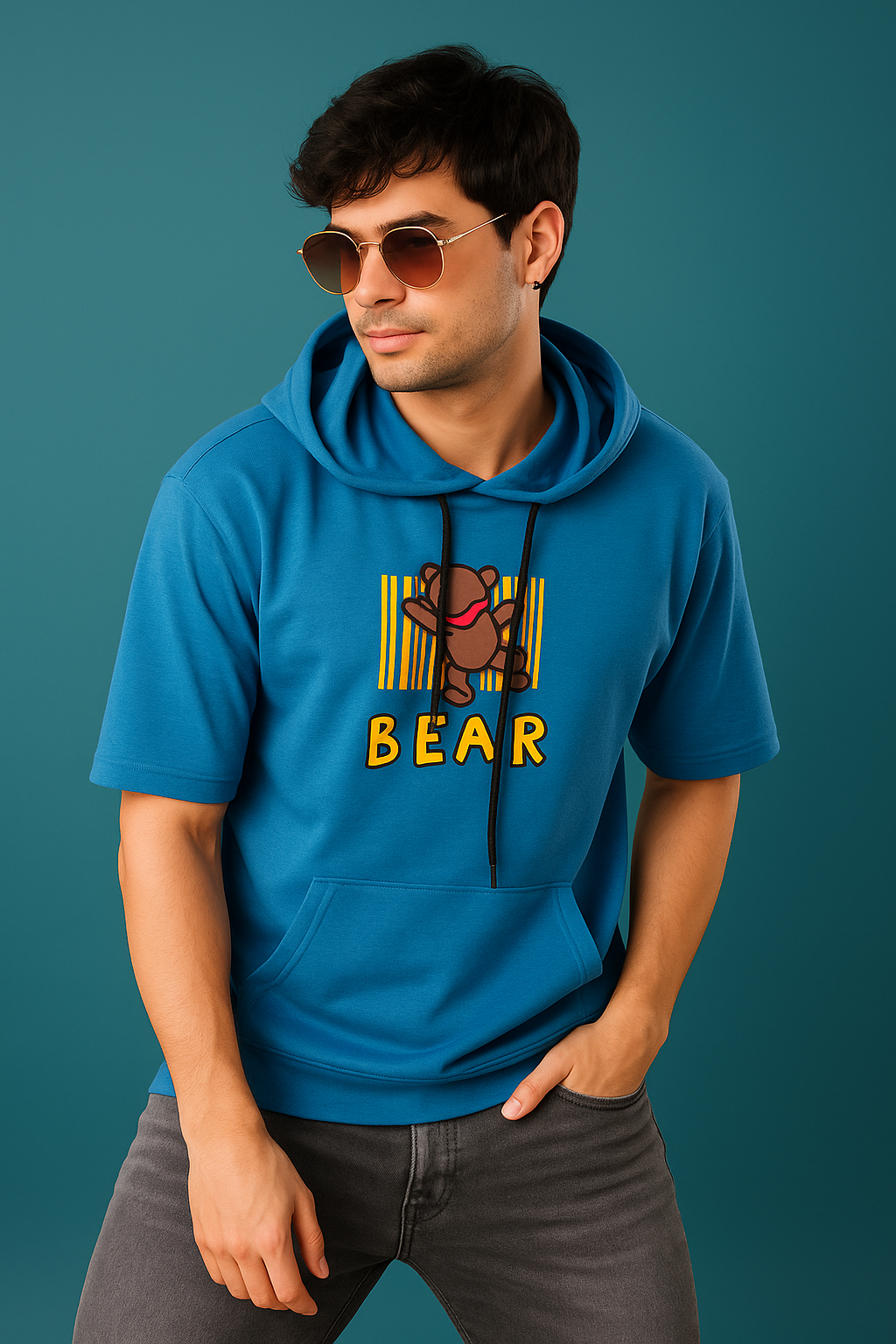  Bear Graphic Short-Sleeve Hoodie