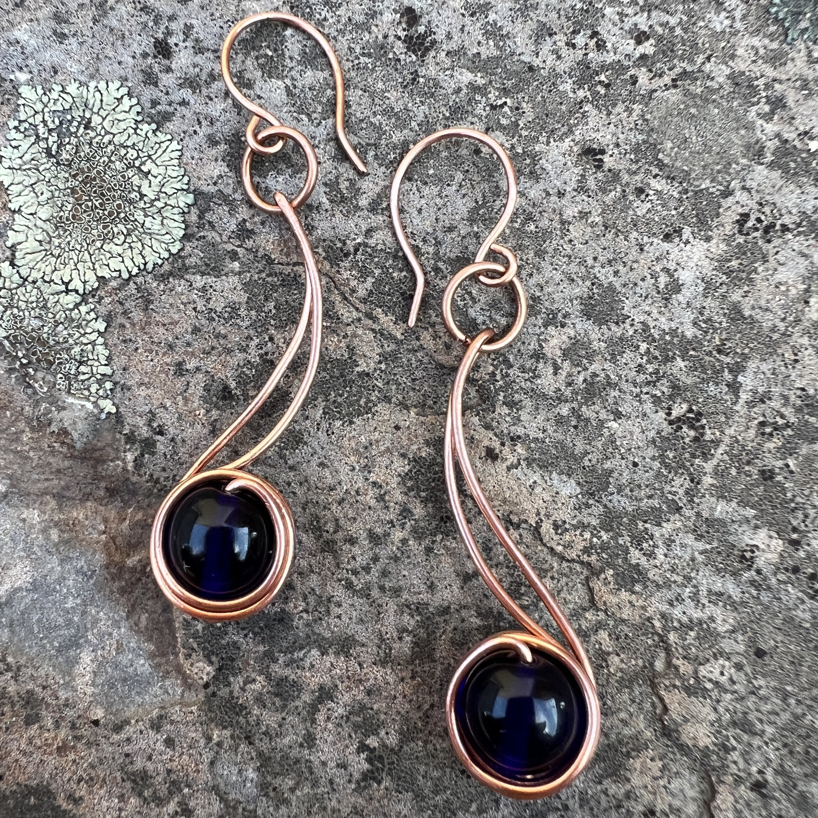 Handcrafted Copper Wire Earrings with Cobalt Blue Beads
