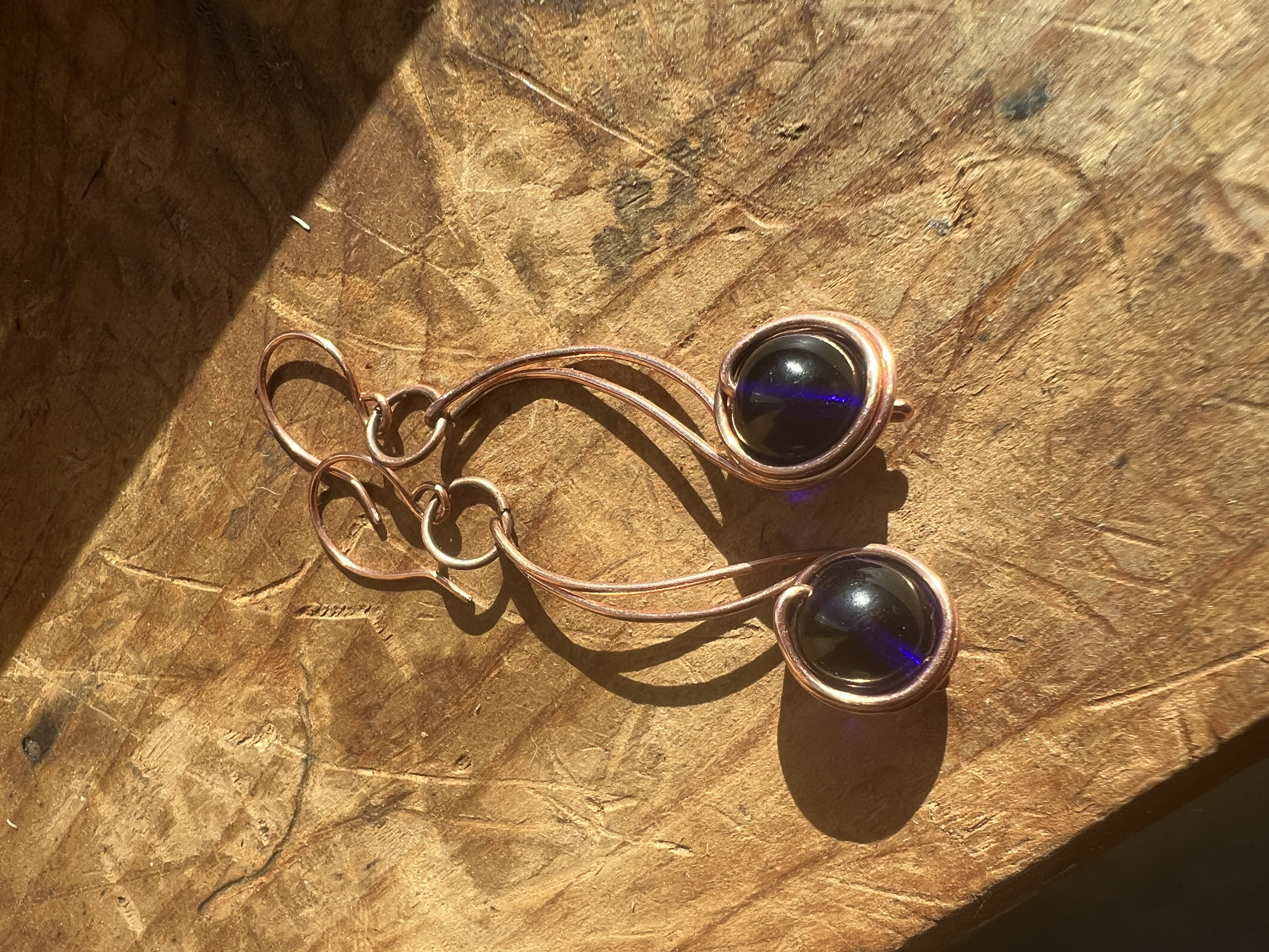 Handcrafted Copper Wire Earrings with Cobalt Blue Beads