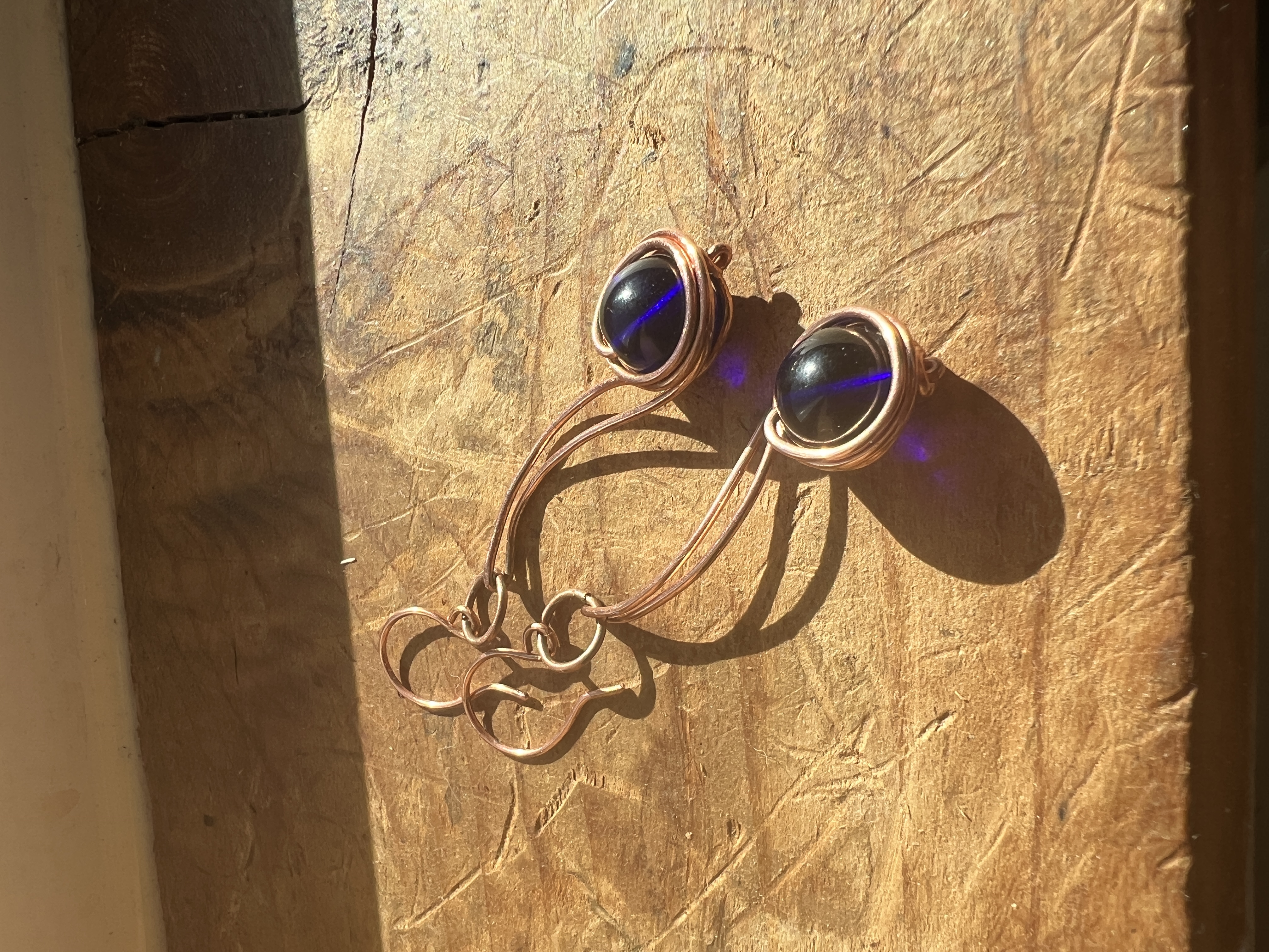 Handcrafted Copper Wire Earrings with Cobalt Blue Beads