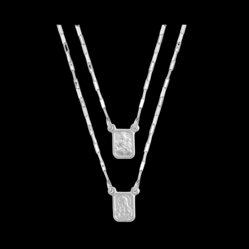 Escapulário de Prata Mini Nossa Sra do Carmo e Sagrado C de Jesus 60cm 8x6mm