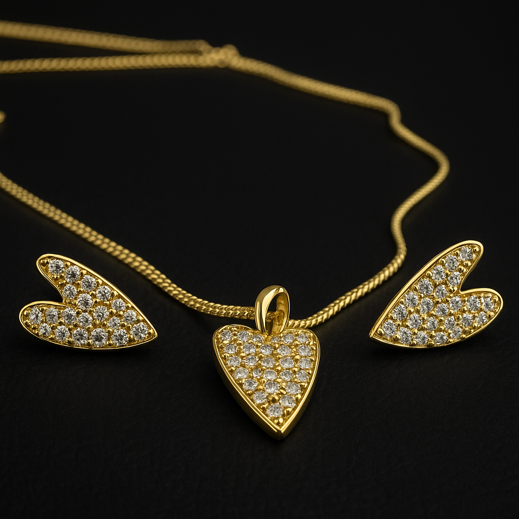 Conjunto de colar e brincos de Coração Pontudo Cravejado - Dourado