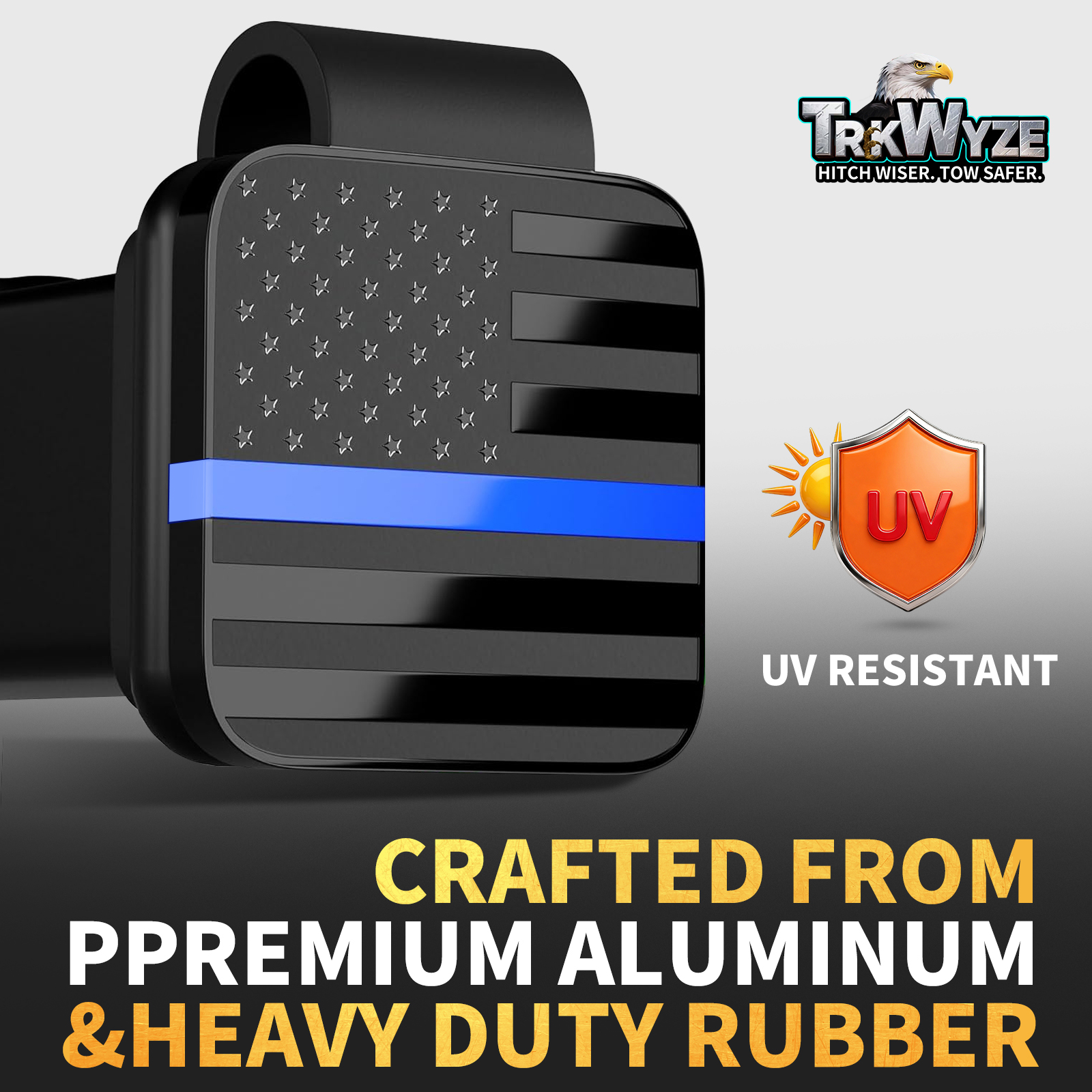 TrkWyze Aluminum American Flag Trailer Hitch Covers, Car-Wash Safe, 2" Universal Tow Hitch Cover (Blue Stripe)