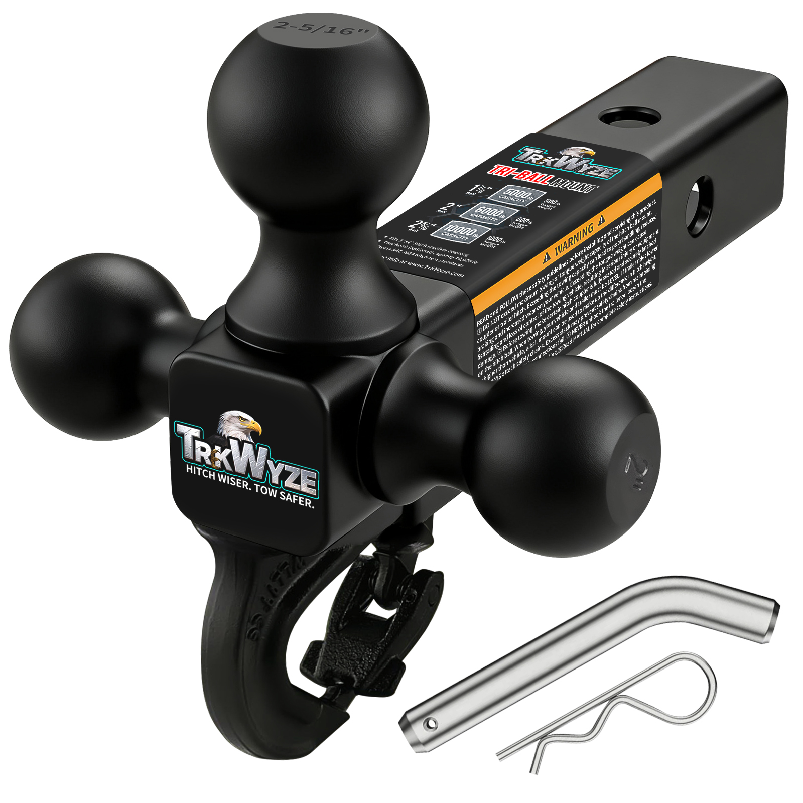 TrkWyze Trailer Hitch Tri-Ball Mount & Hook with Safety Latch, Black E-Coat Balls 1-7/8",  2",  2-5/16, Fits 2" Receiver, 10,000 lbs GTW, Heavy Duty Tow Hitch for Trucks, SUVs, RVs & ATVs (Pin & Clip)