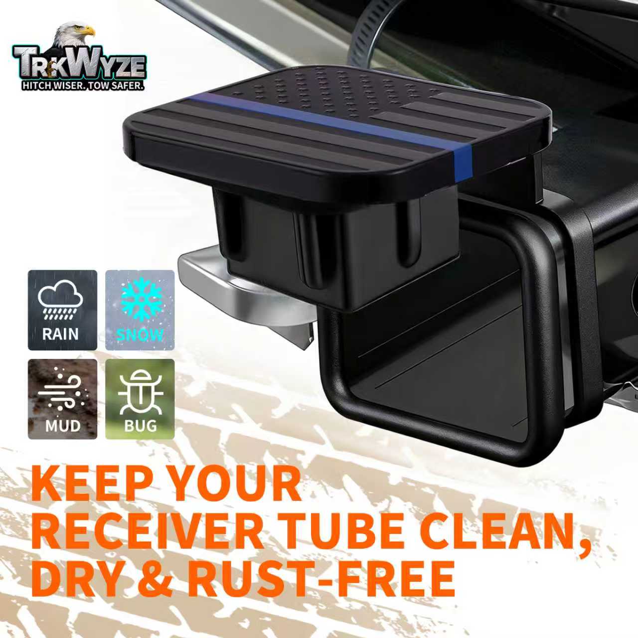TrkWyze Aluminum American Flag Trailer Hitch Covers, Car-Wash Safe, 2" Universal Tow Hitch Cover (Blue Stripe)