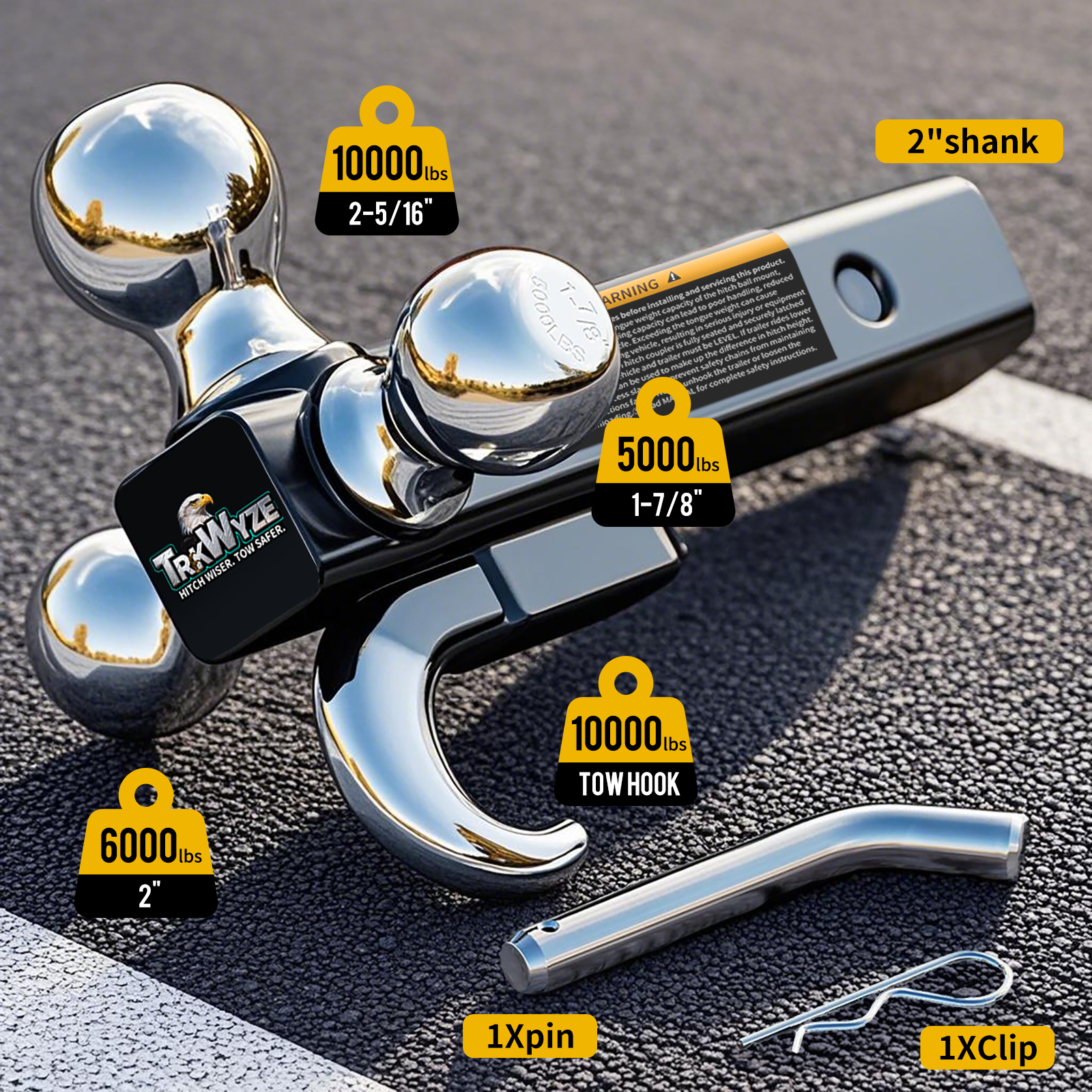 TrkWyze Trailer Hitch Tri-Ball Mount & Hook with Safety Latch, E-Coated Balls 1-7/8”, 2”, 2-5/16”, Fits 2" Receiver, 10,000 lbs, Heavy Duty Tow Hitch for Trucks, SUVs, RVs & ATVs (Pin & Clip)