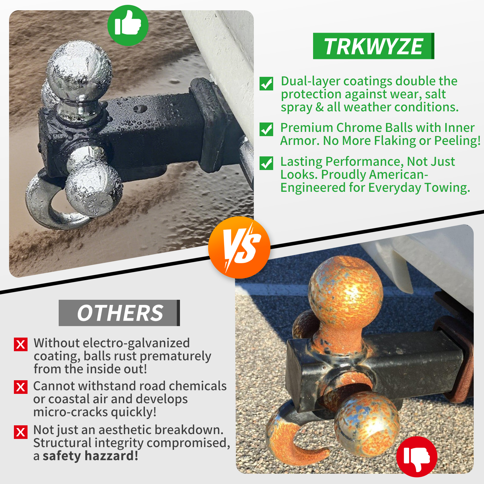 TrkWyze Trailer Hitch Tri-Ball Mount & Hook with Safety Latch, E-Coated Balls 1-7/8”, 2”, 2-5/16”, Fits 2" Receiver, 10,000 lbs, Heavy Duty Tow Hitch for Trucks, SUVs, RVs & ATVs (Pin & Clip)