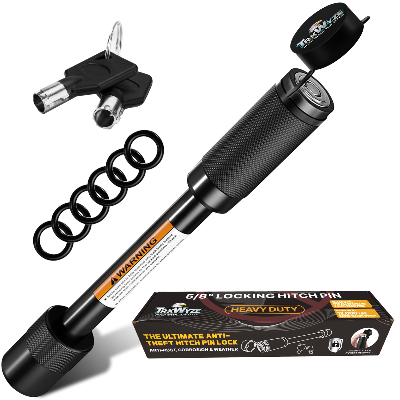 TrkWyze Trailer Hitch Pin Lock for Class III IV 2" & 2-1/2" Receivers, Push-to-Lock Locking Hitch Pin, Rust-Resistant Tow Hitch Lock, Anti-Theft Barrel Key Systems (Black)