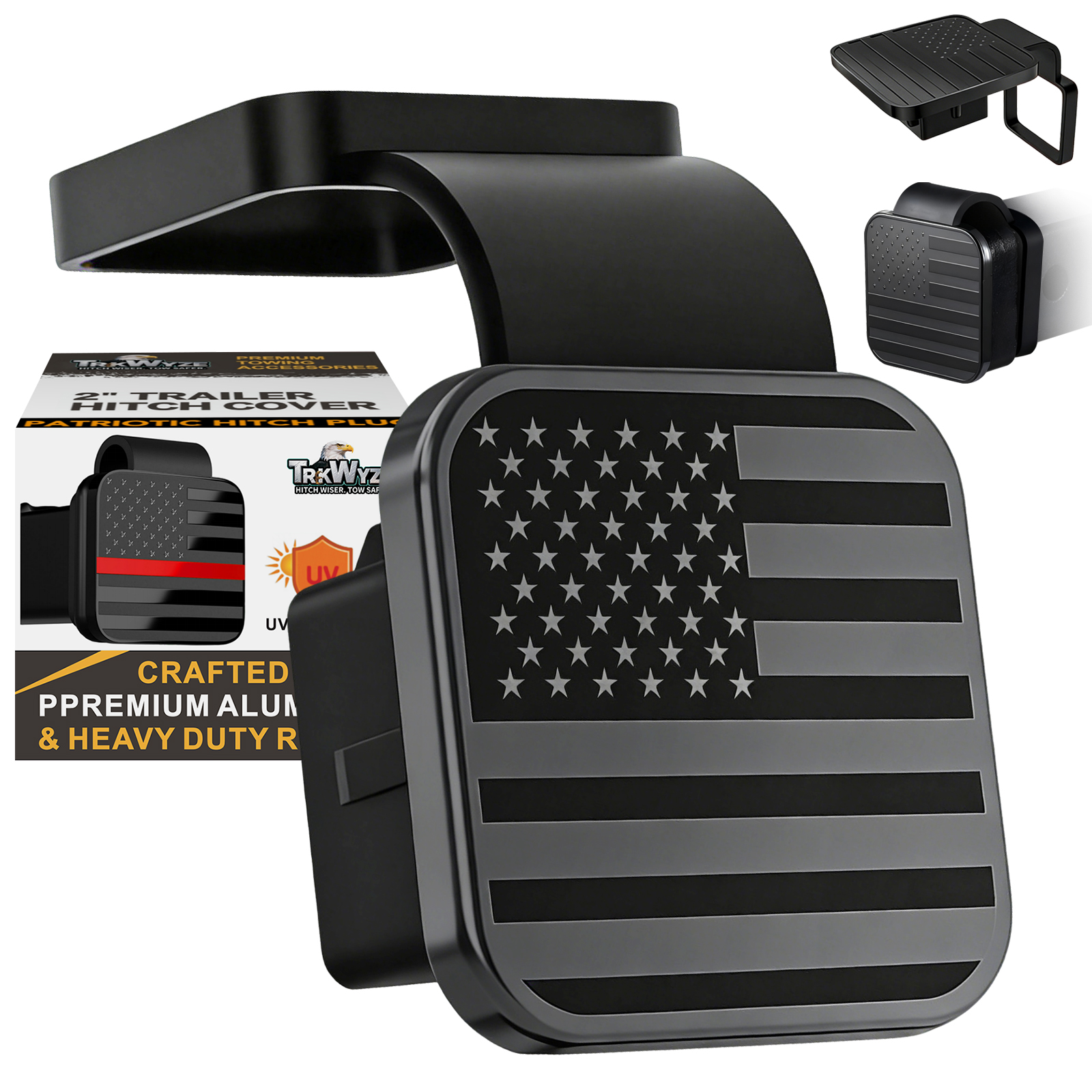 TrkWyze Aluminum American Flag Trailer Hitch Covers, Car-Wash Safe, 2" Universal Tow Hitch Cover (Black)