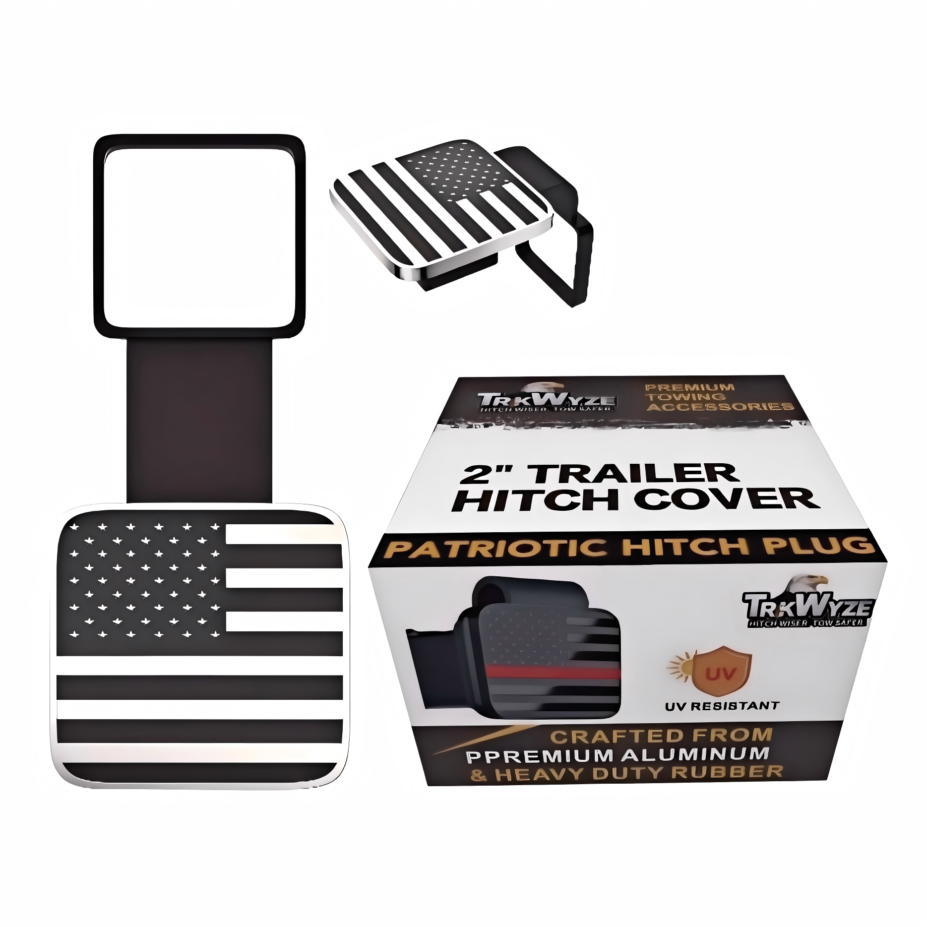 TrkWyze Aluminum American Flag Trailer Hitch Covers, Car-Wash Safe, 2" Universal Tow Hitch Cover (Chrome)