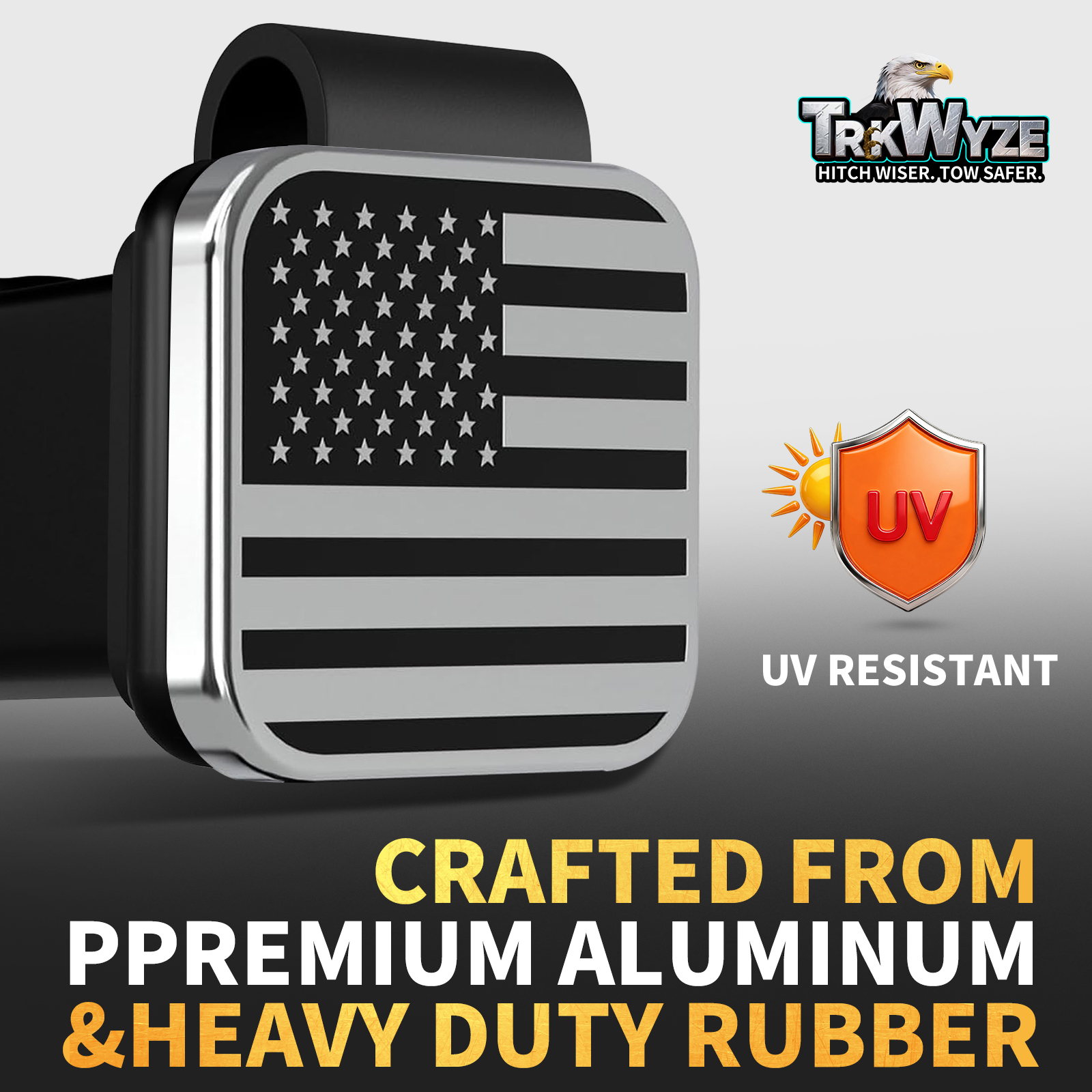 TrkWyze Aluminum American Flag Trailer Hitch Covers, Car-Wash Safe, 2" Universal Tow Hitch Cover (Chrome)