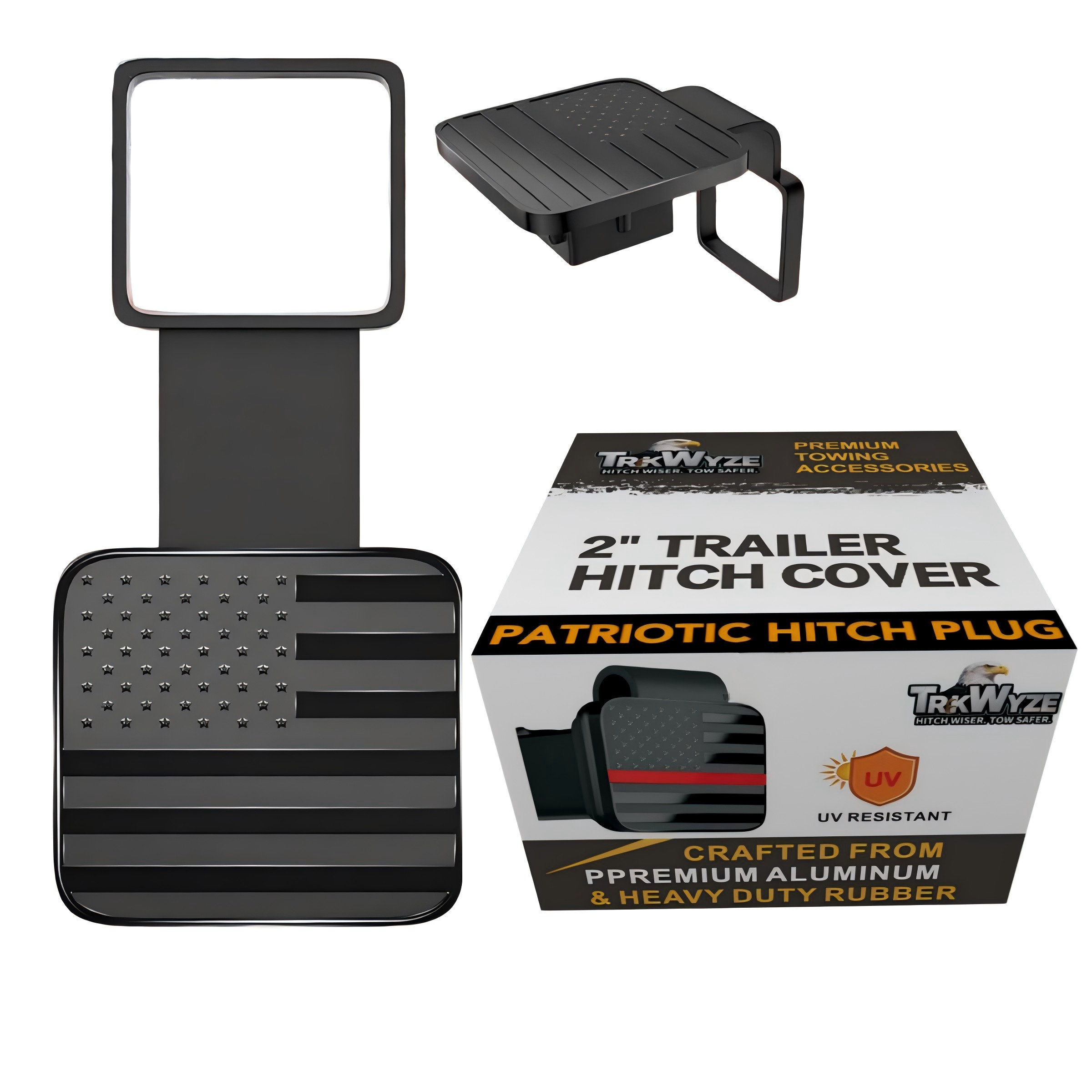 TrkWyze Aluminum American Flag Trailer Hitch Covers, Car-Wash Safe, 2" Universal Tow Hitch Cover (Black)