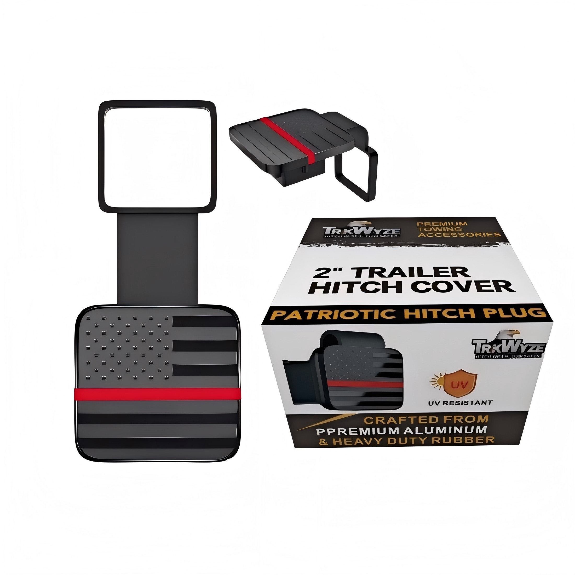 TrkWyze Aluminum American Flag Trailer Hitch Covers, Car-Wash Safe, 2" Universal Tow Hitch Cover (Red Stripe)