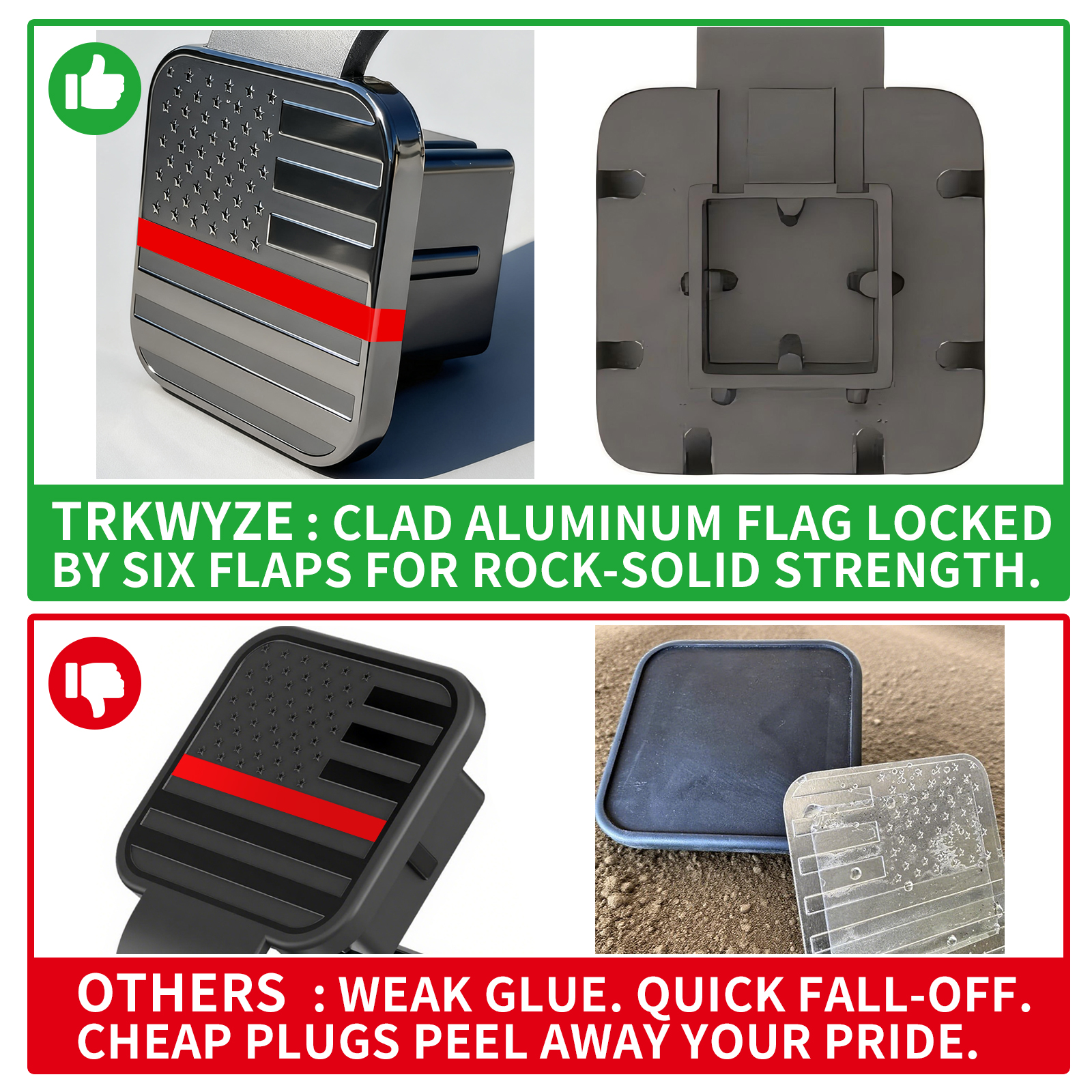 TrkWyze Aluminum American Flag Trailer Hitch Covers, Car-Wash Safe, 2" Universal Tow Hitch Cover (Red Stripe)