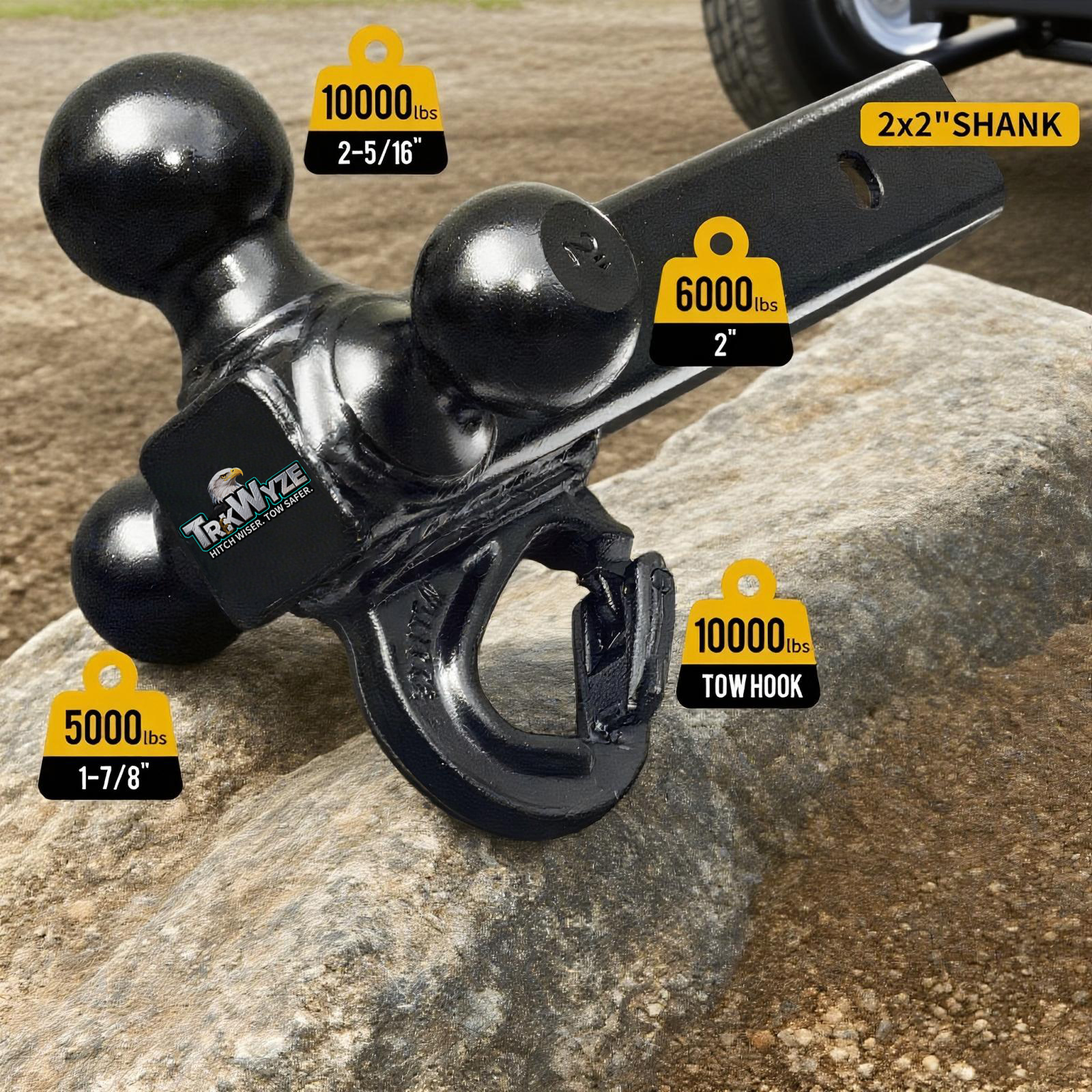 Trailer Hitch Tri-Ball Mount & Hook with Safety Latch, E-Coated Balls 1-7/8”, 2”, 2-5/16”, Fits 2" Receiver, 10,000 lbs, Heavy Duty Tow Hitch for Trucks, SUVs, RVs & ATVs (Pin & Clip)
