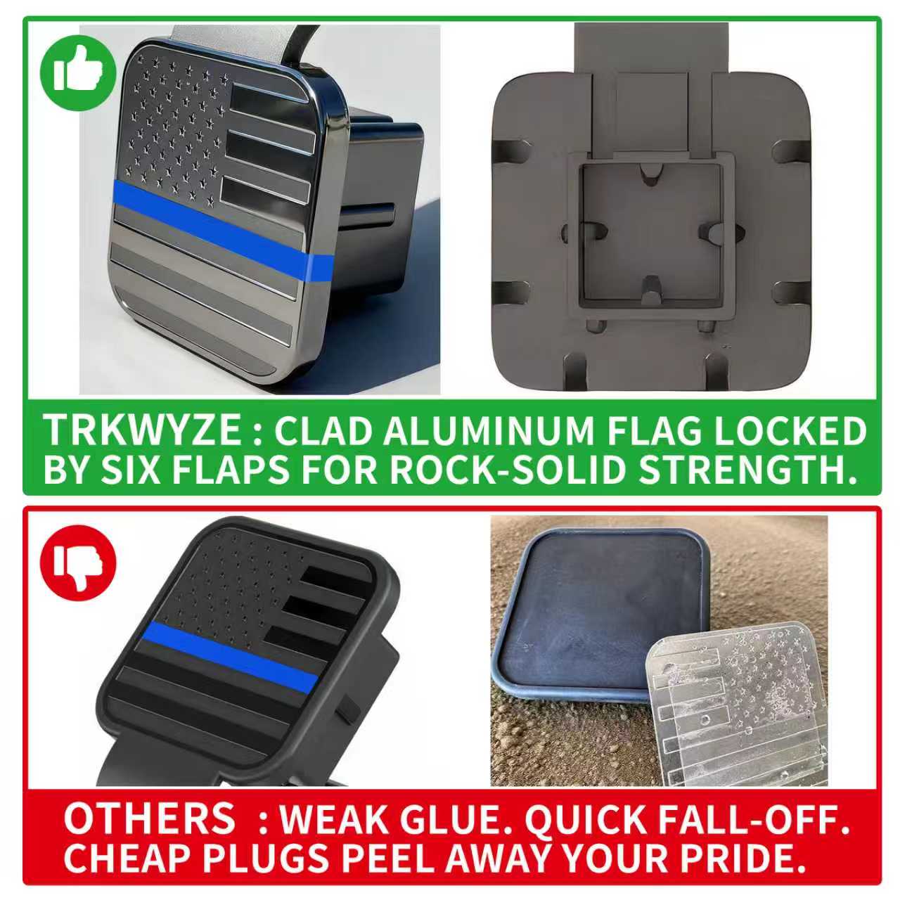 TrkWyze Aluminum American Flag Trailer Hitch Covers, Car-Wash Safe, 2" Universal Tow Hitch Cover (Blue Stripe)