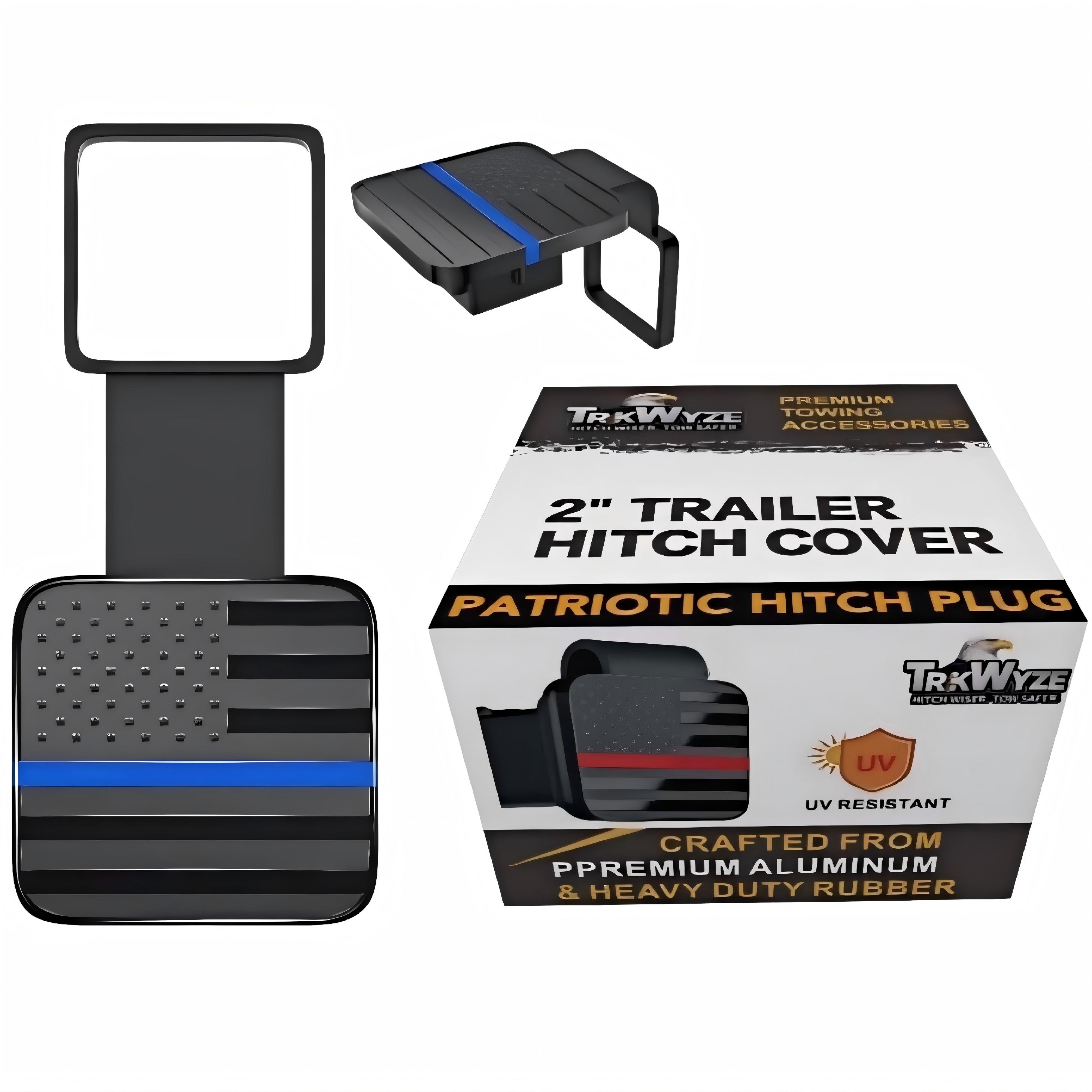TrkWyze Aluminum American Flag Trailer Hitch Covers, Car-Wash Safe, 2" Universal Tow Hitch Cover (Blue Stripe)