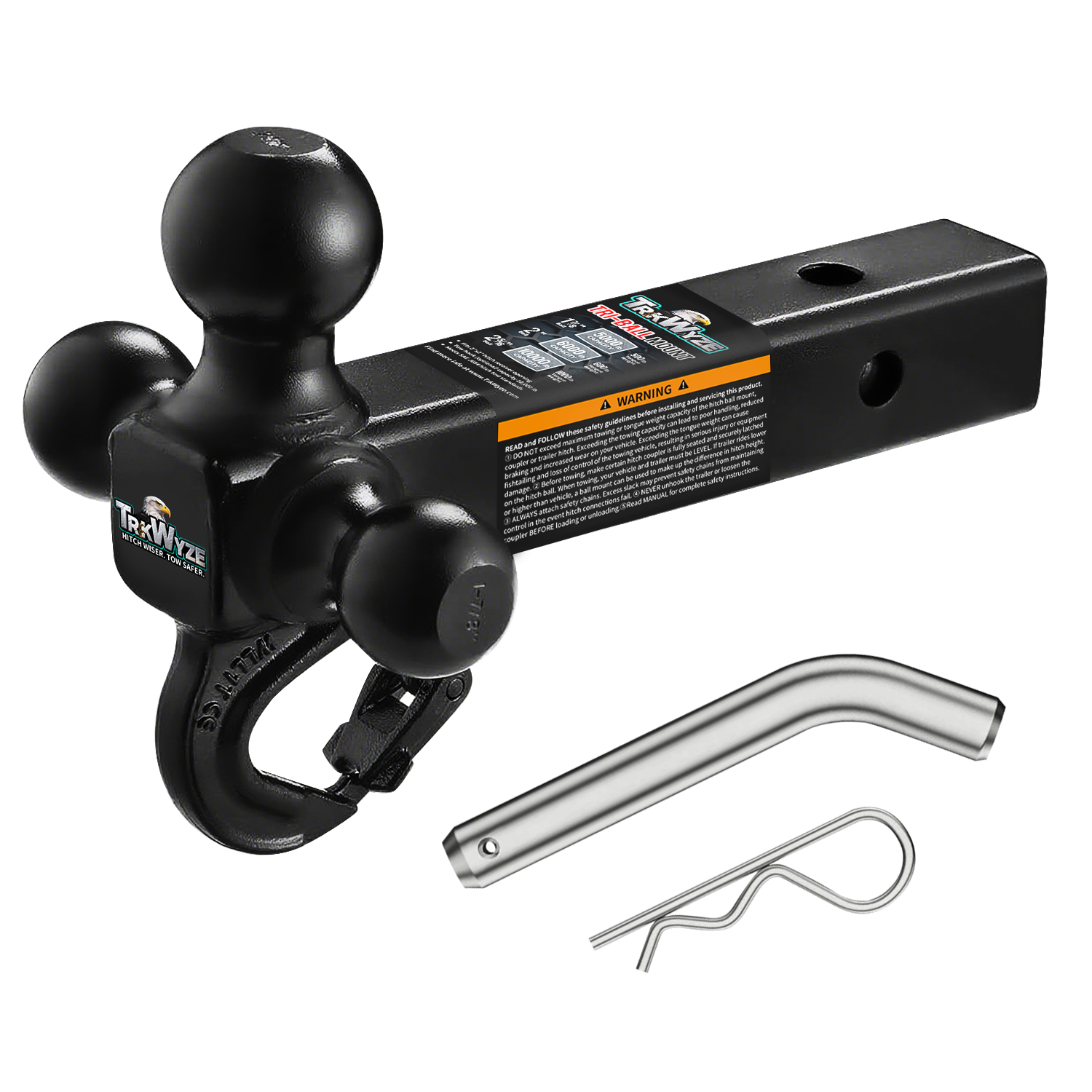 Trailer Hitch Tri-Ball Mount & Hook with Safety Latch, E-Coated Balls 1-7/8”, 2”, 2-5/16”, Fits 2" Receiver, 10,000 lbs, Heavy Duty Tow Hitch for Trucks, SUVs, RVs & ATVs (Pin & Clip)