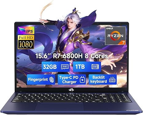 NIMO 15.6" IPS FHD-Gaming-Laptop, 8 Cores AMD Ryzen 7 6800H 32GB DDR5 RAM 1TB SSD (Beat Intel i7-12700H, Up to 4.7GHz) AMD Radeon 680M GPU-Computer with 100W Type-C Backlit Keyboard, Fingerprint
