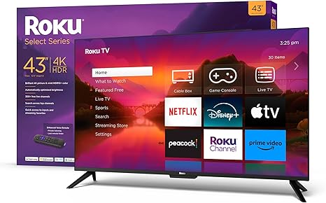 Roku Select Series 43-Inch Smart TV 4K HDR RokuTV, Roku Enhanced Voice Remote, Brilliant 4K Picture, Automatic Brightness, Seamless Streaming, Live Local News, Sports, Family Entertainment