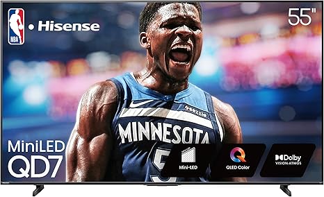 Hisense 55" Class QD7 Series QLED Mini-LED 55QD7QF, 4K UHD, Smart Fire TV, 2025 Model, HDR10+, Dolby Vision, Dolby Atmos, Game Mode Plus, ALLM, Alexa Built in, Voice Remote, Streaming TV, Black