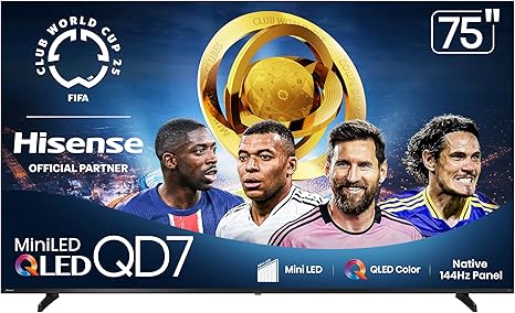 Hisense 75" Class QD7 Series Mini-LED 4K UHD Smart Fire TV (75QD7QF, 2025 Model) - QLED, Native 144hz, HDR10+, Dolby Vision, Dolby Atmos, Game Mode Pro, ALLM, Alexa Built in with Voice Remote, Black