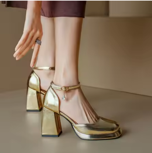 Gold Chunky Heel Pumps