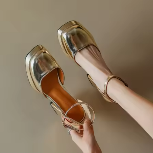 Gold Chunky Heel Pumps